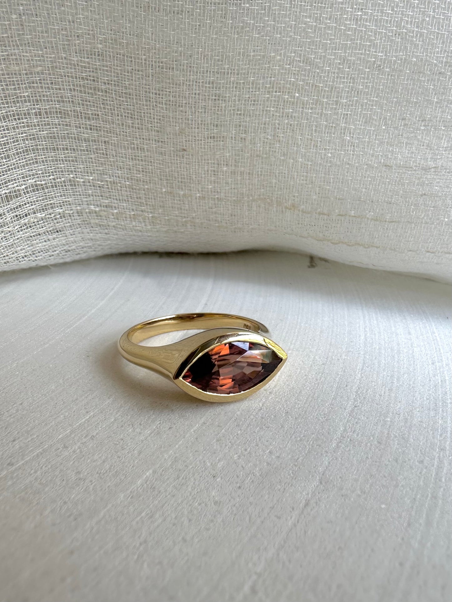 18K Gold Signet Ring boosting a 4ct natural Brownish Pink Zircon marquise cut stone | Ella Creations Jewelry