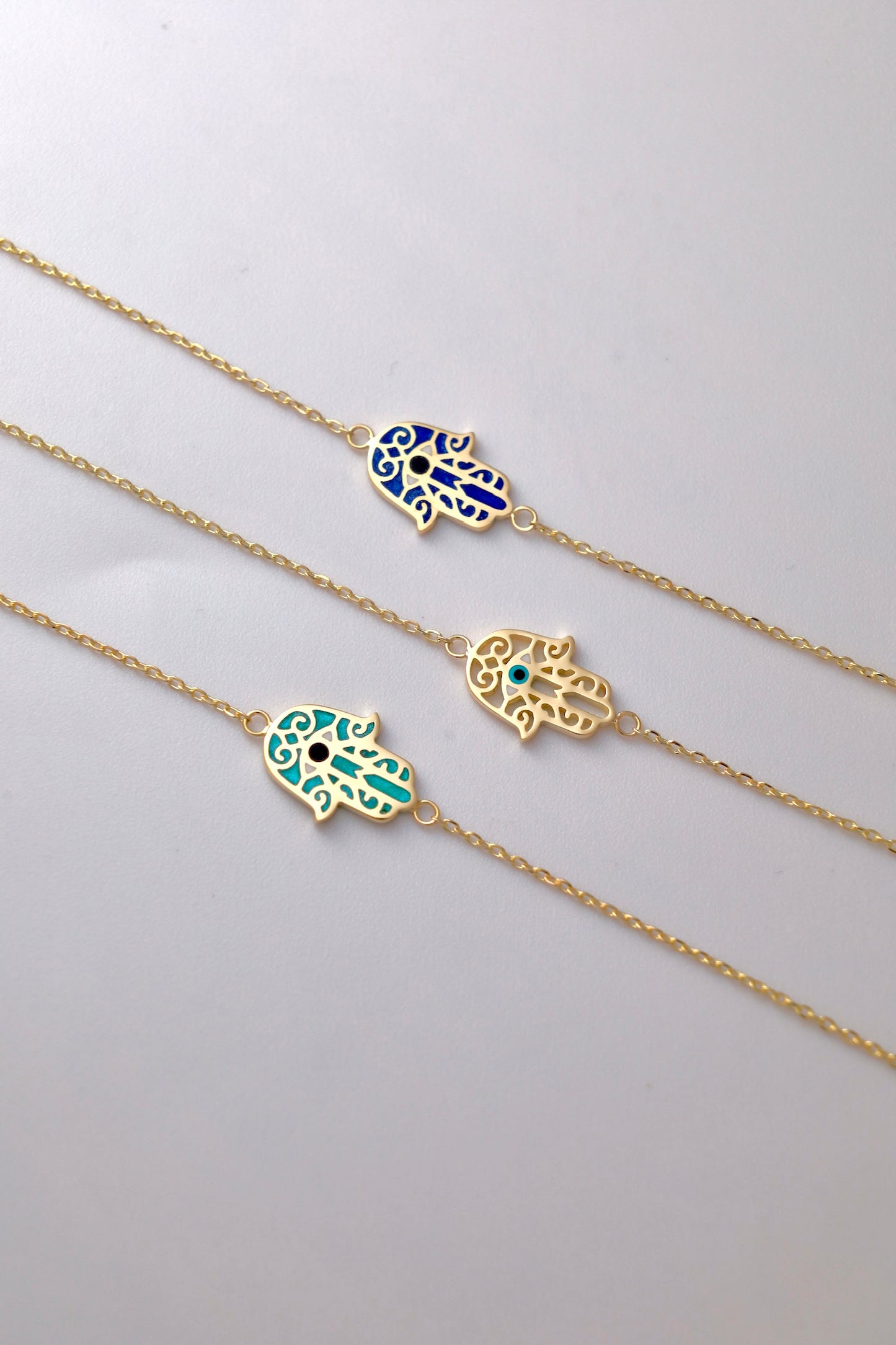 18k gold Hamsa and Evil Eye Gold bracelet, can be customized with or without enamel | Ella Creations Jewelry