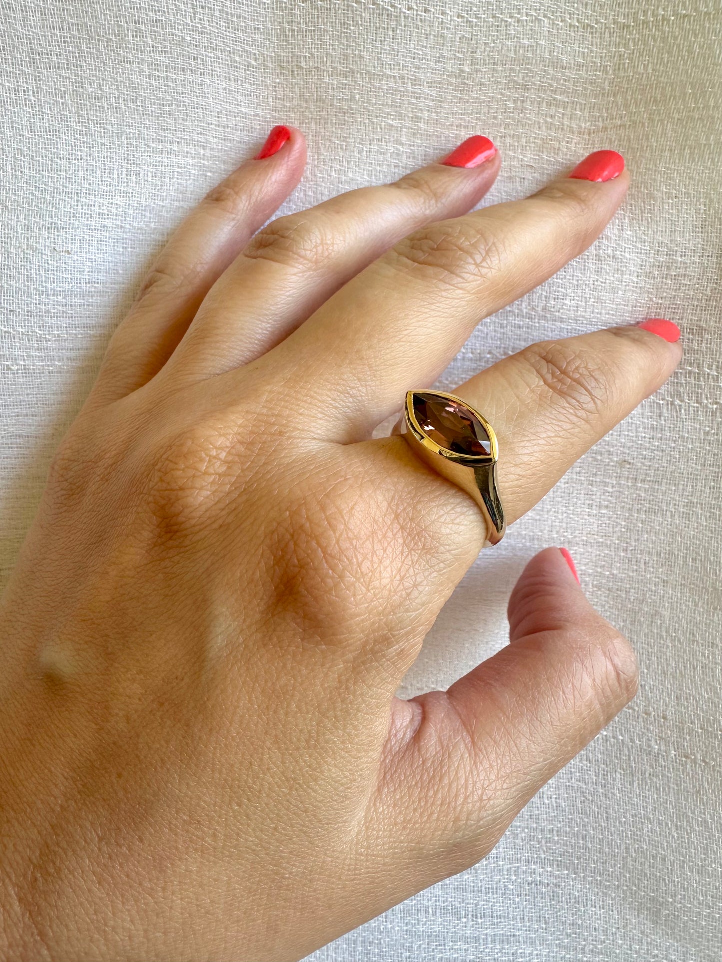 18K Gold Signet Ring boosting a 4ct natural Brownish Pink Zircon marquise cut stone | Ella Creations Jewelry