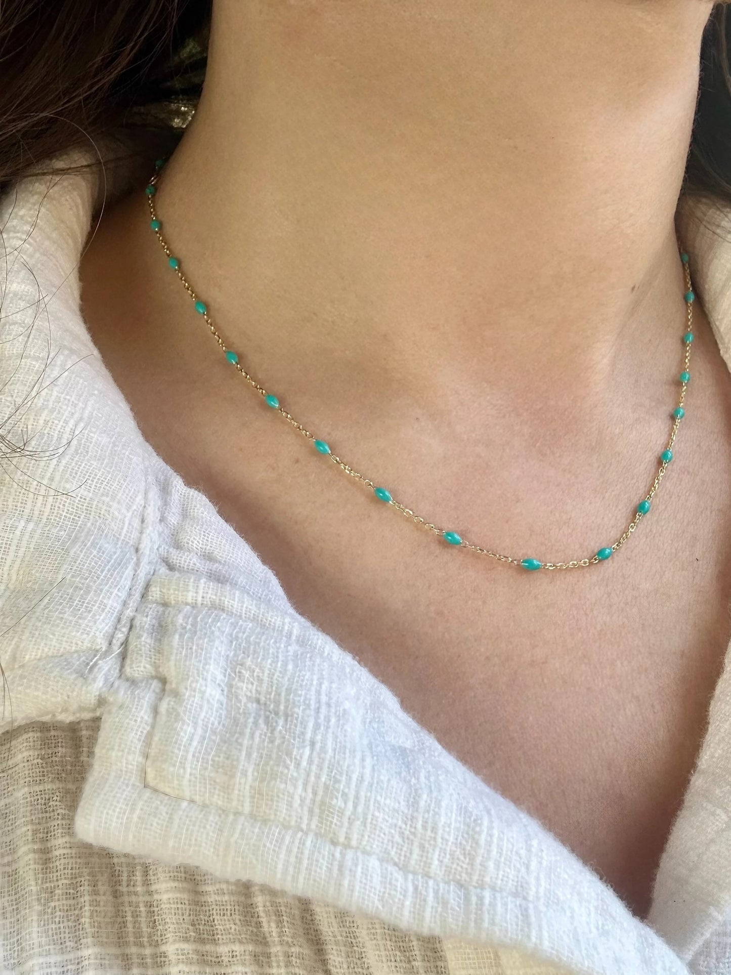 18k Enamel Bead Station necklace with adjustable chain length, turquoise | Ella Creations Jewelry