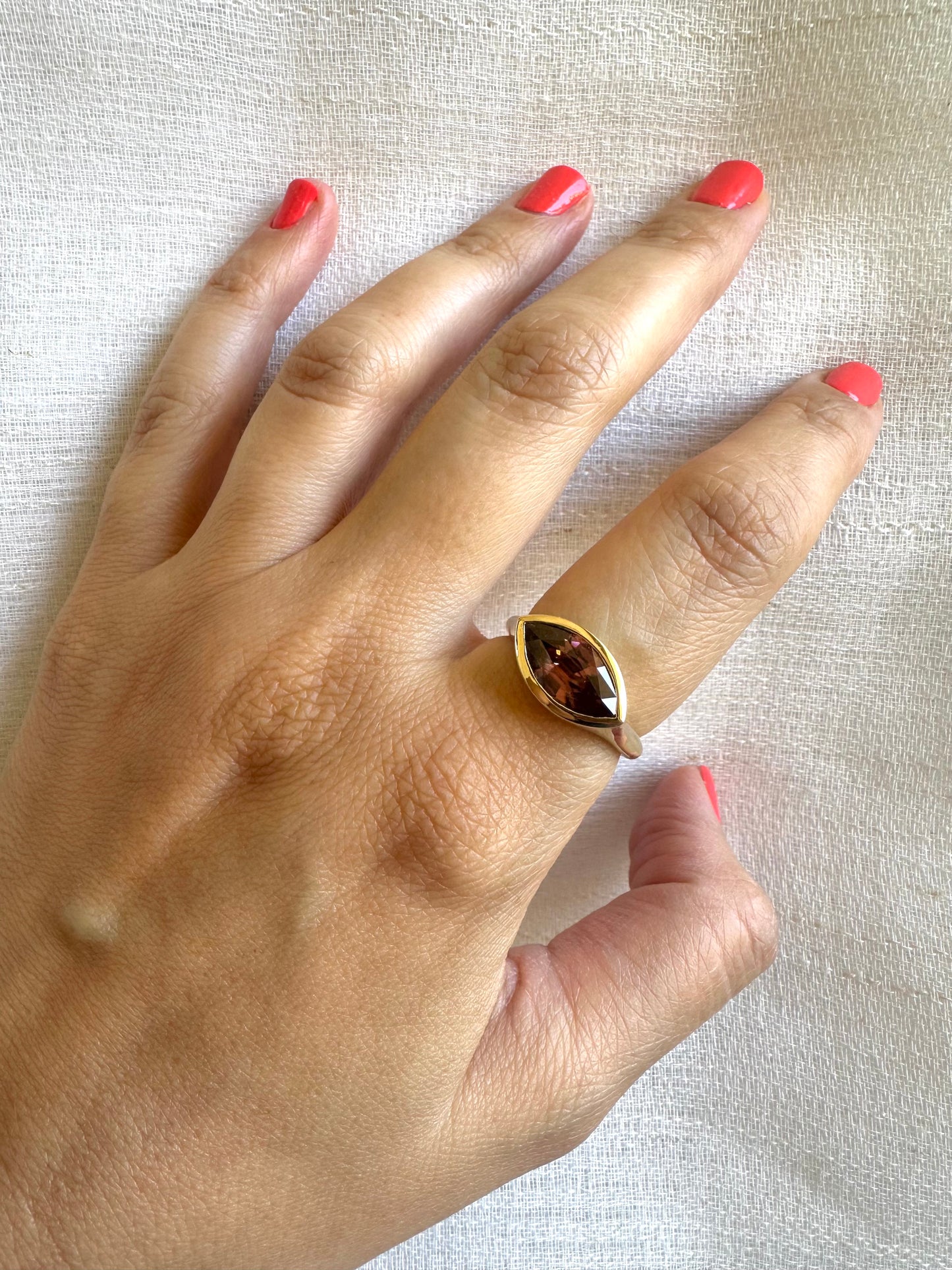 18K Gold Signet Ring boosting a 4ct natural Brownish Pink Zircon marquise cut stone | Ella Creations Jewelry