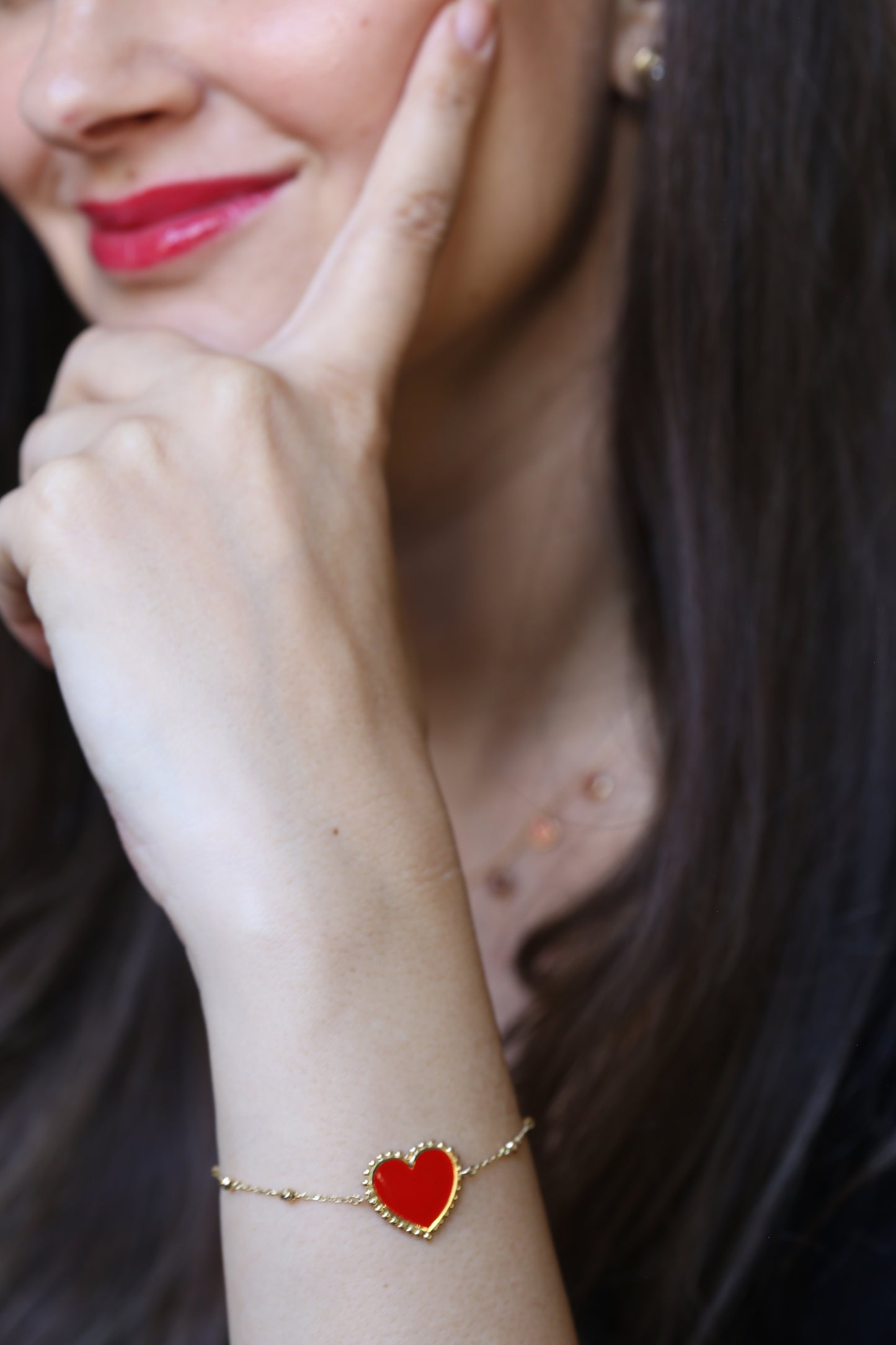 18 karat gold Heart Bracelet with red enamel charm - handmade jewelry gift for her.