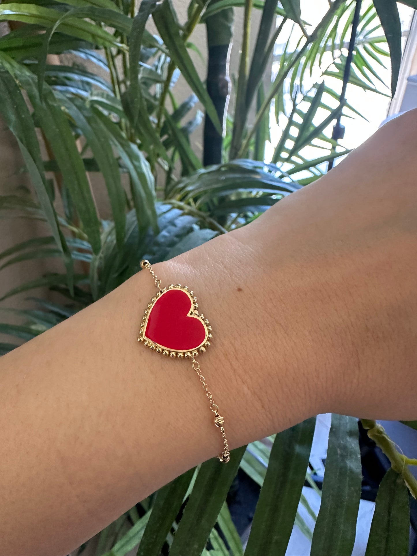 18 karat gold Heart Bracelet with red enamel customizable - dainty jewelry gift for her.