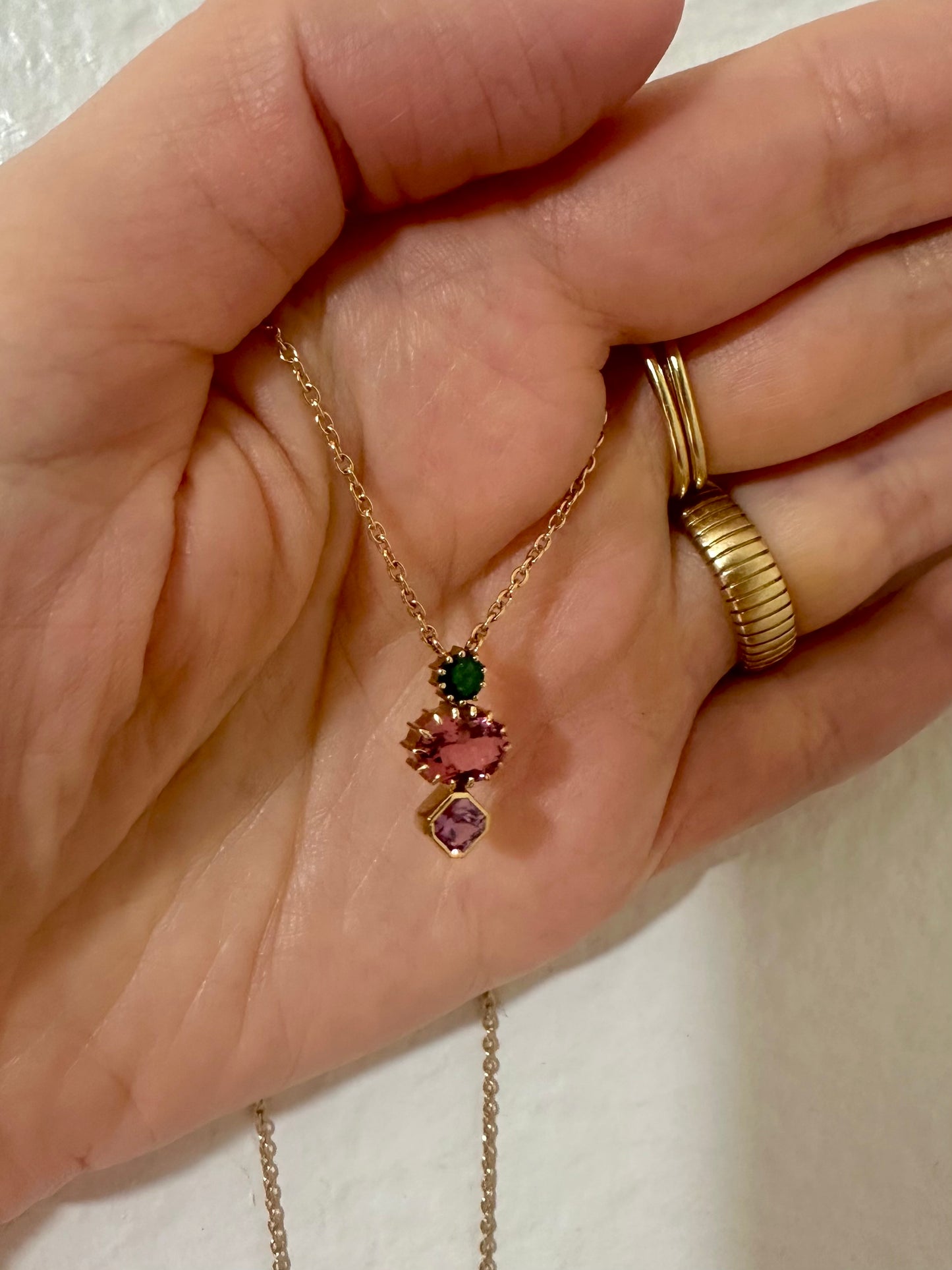 18k Three Stones necklace: Sapphire Tourmaline and Emerald