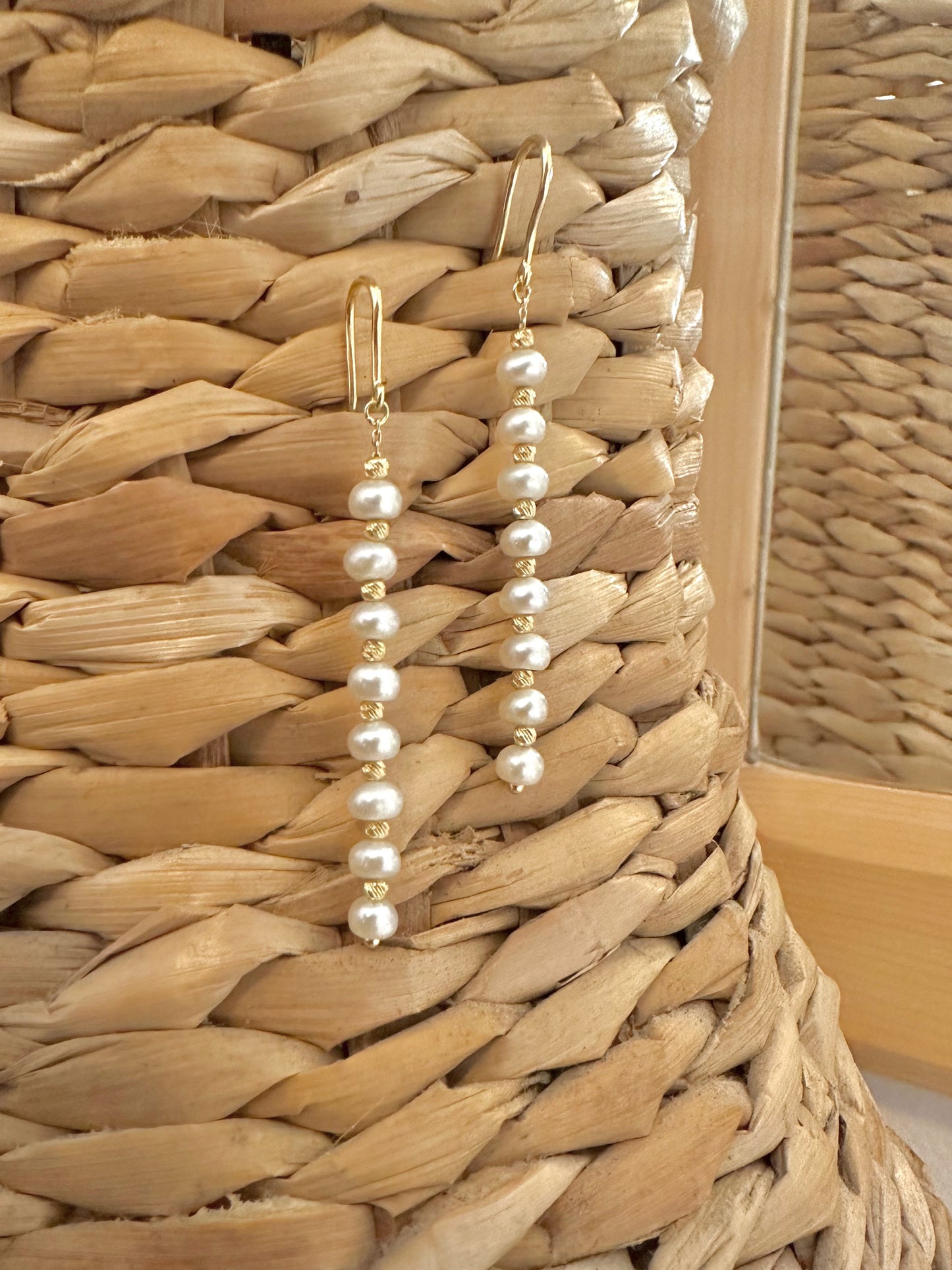 Long pearl earrings with gold beads and fresh water pearls handcrafted in 18 karat gold | Ella Creations Jewelry