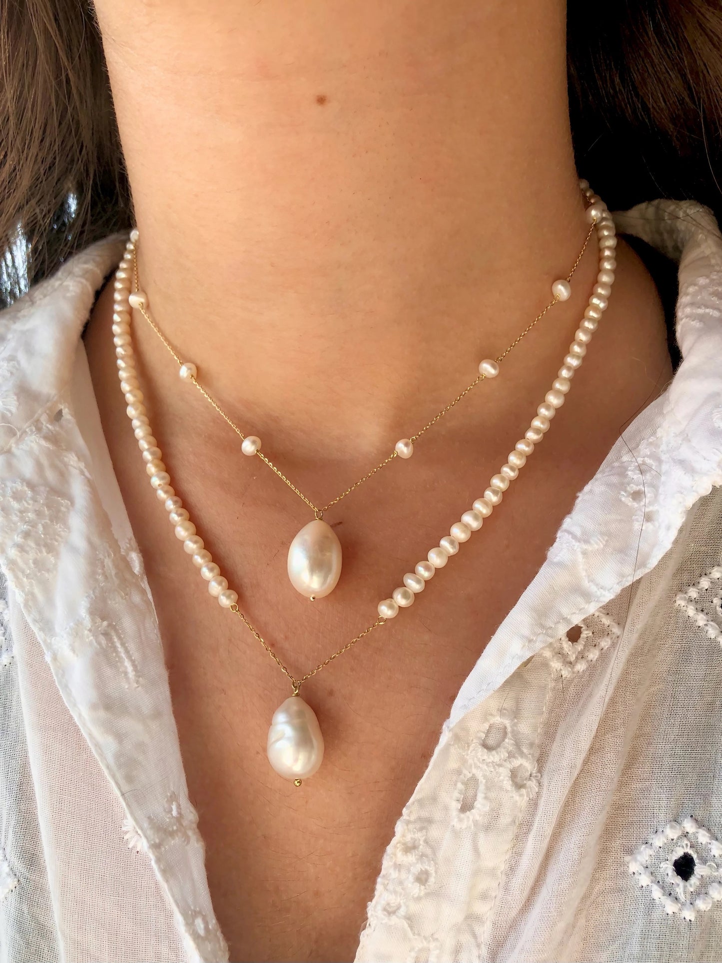 Pearl Beaded necklace with 18k solid gold findings and Baroque pendant