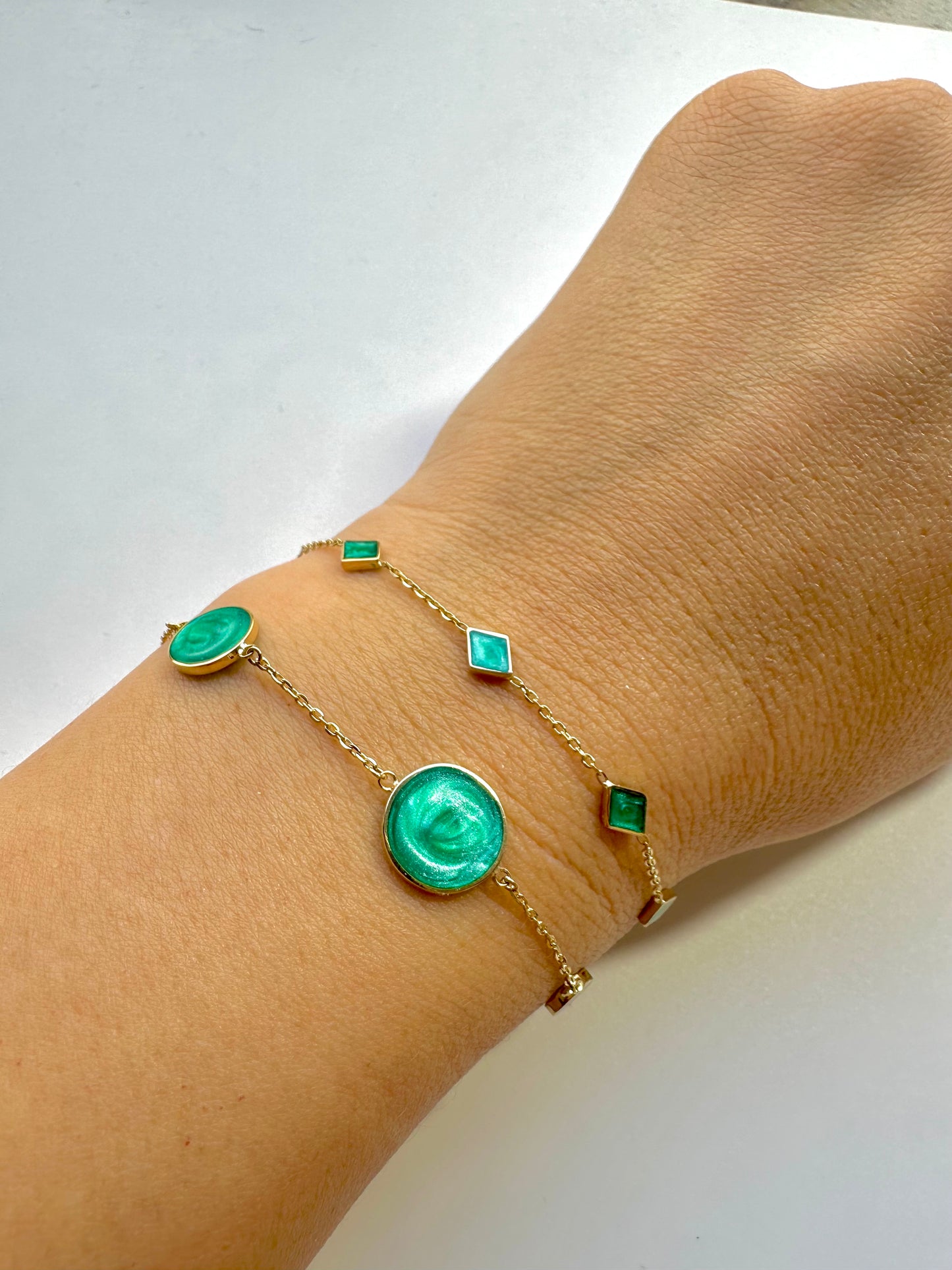 Solid Gold Bracelet perfect for everyday wear and to stack with other bracelets. This circles bracelet is handcrafted in 18 karat gold and features green malachite enamel finish | Ella Creations jewelry