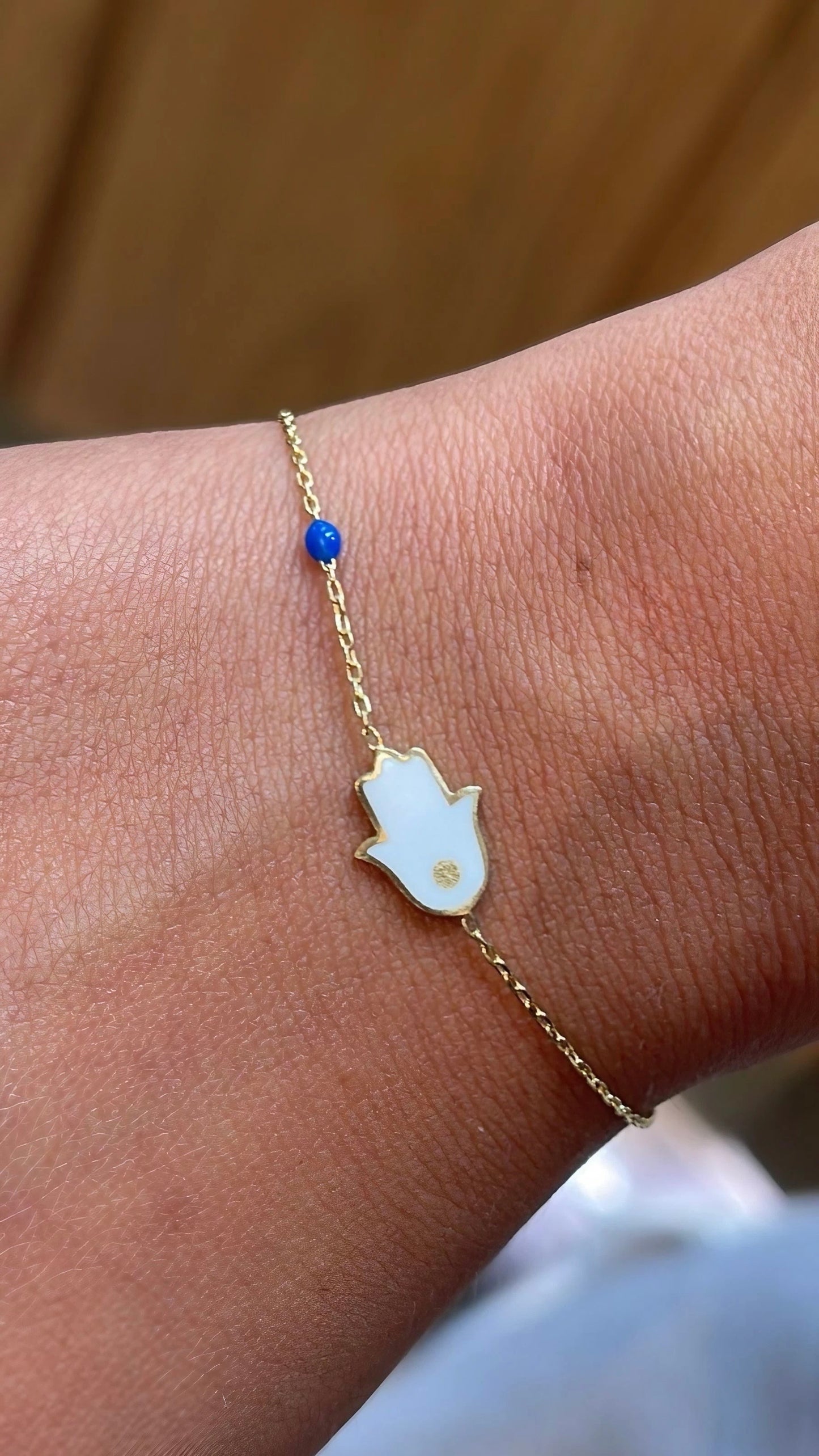 Hamsa gold bracelet handcrafted in 18k gold with your choice of enamel with or without side beads. Enameled on both sides. | Ella Creations Jewelry