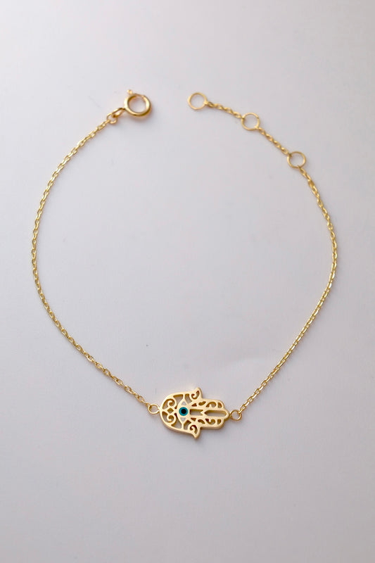 18k gold Hamsa and Evil Eye Gold bracelet, can be customized with or without enamel | Ella Creations Jewelry