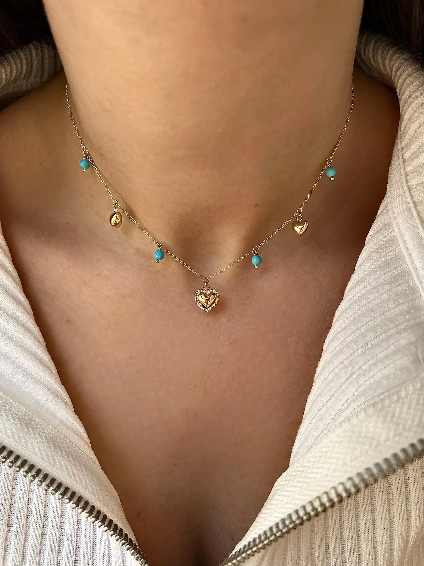 Puffy Hearts Necklace with Freshwater Pearls or Turquoise beads
