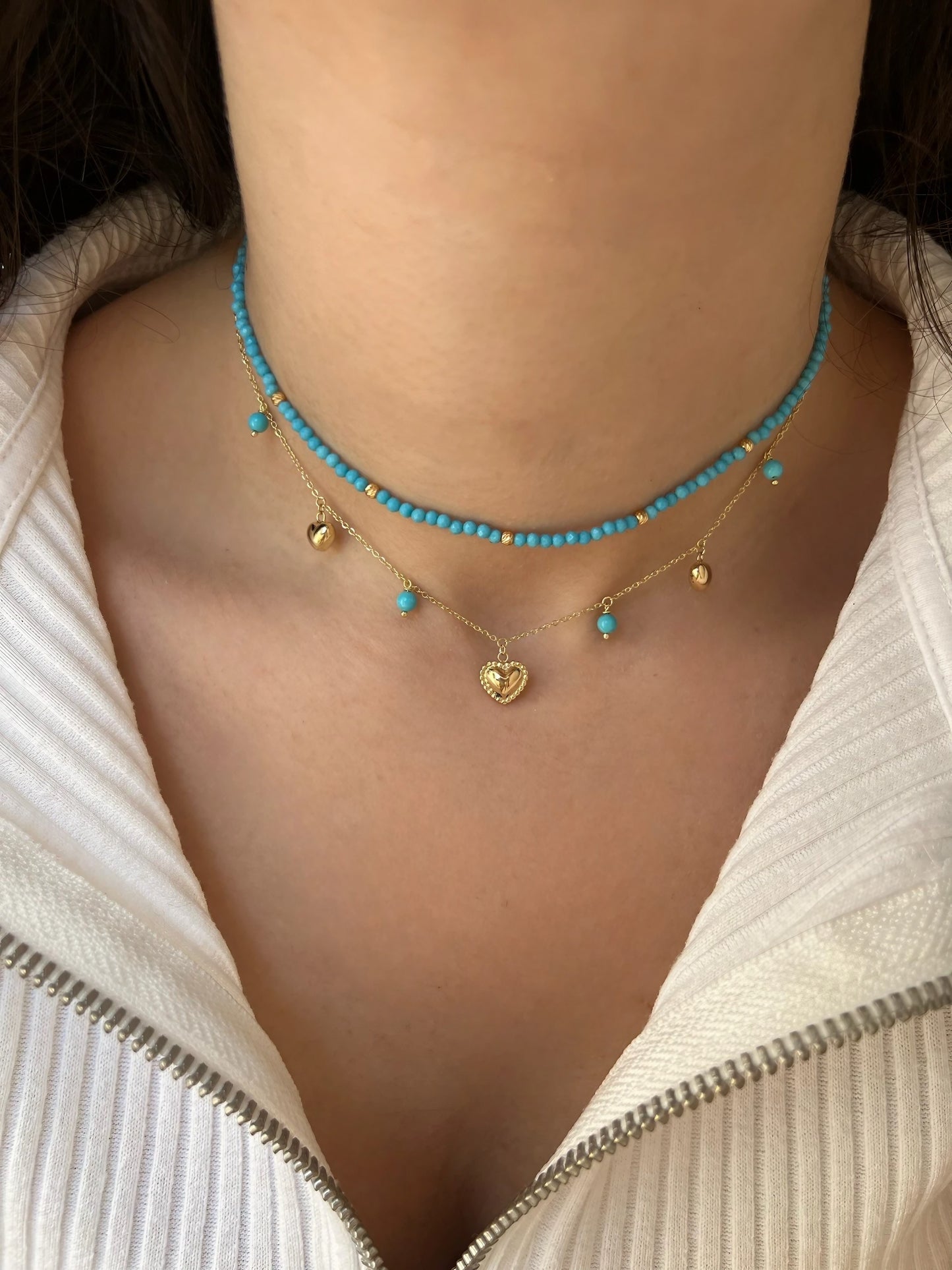 Puffy Hearts Necklace with Freshwater Pearls or Turquoise beads