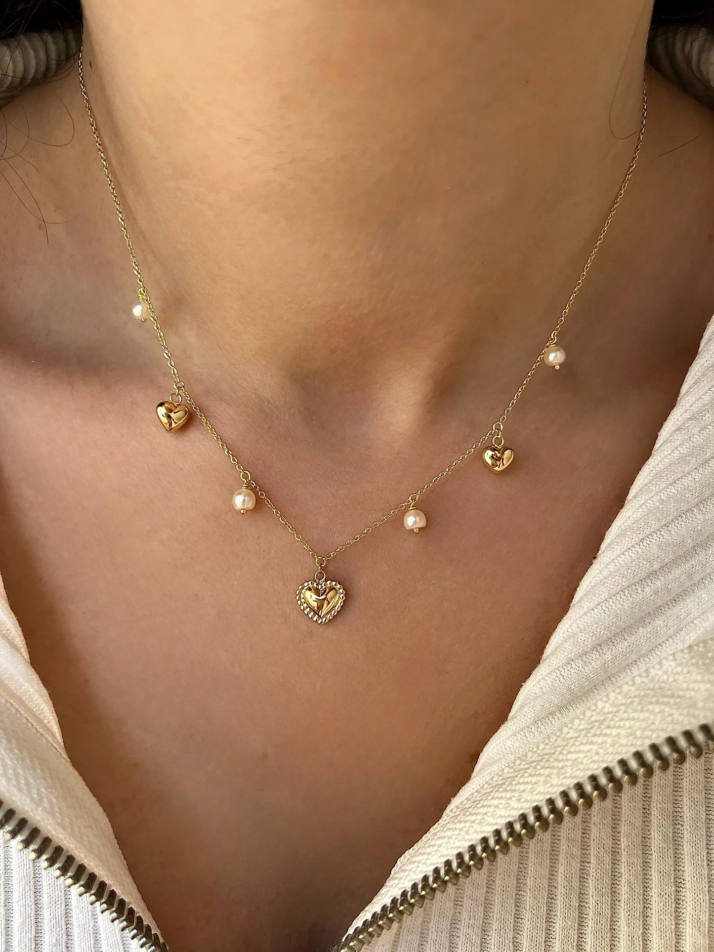 Puffy Hearts Necklace with Freshwater Pearls or Turquoise beads