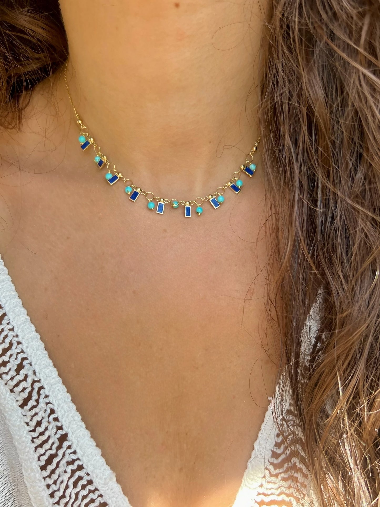 18k Turquoise and Enamel Necklace | Gold Station Necklace