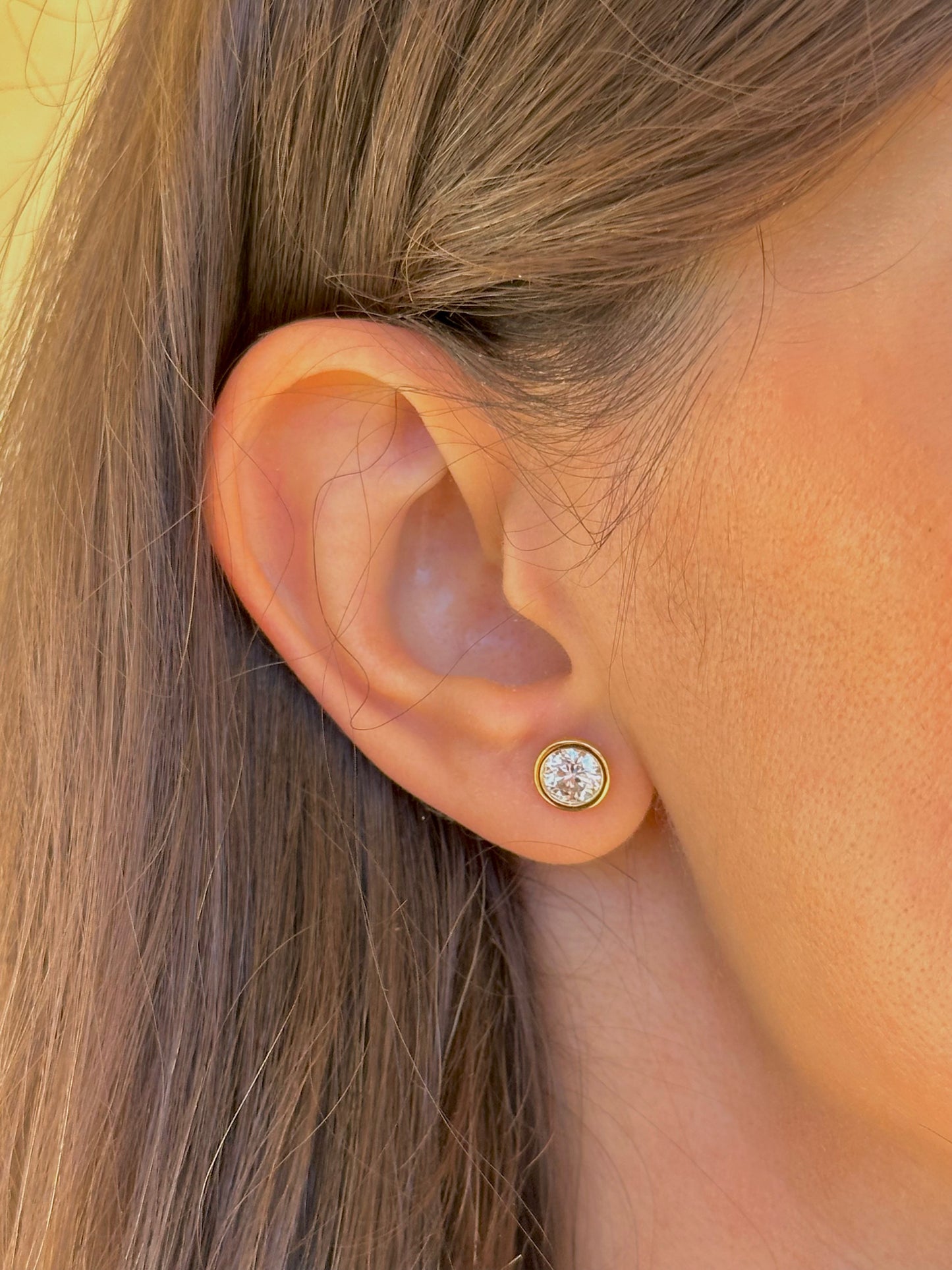 18 karat gold round moissanite stud earrings | Ella Creations Jewelry