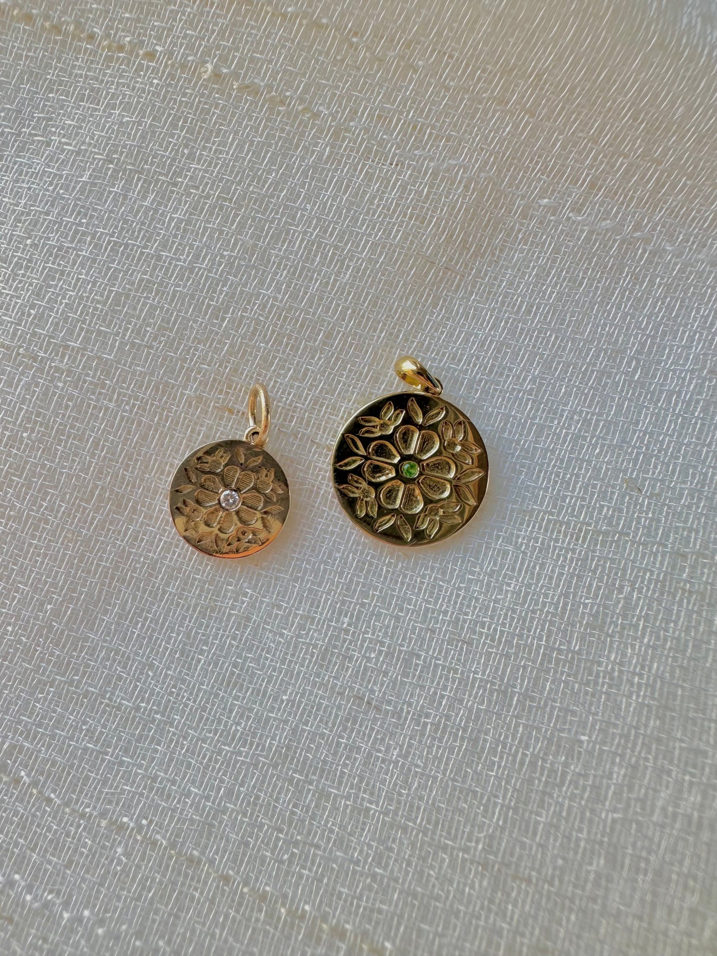 Tatreez Pendant | gold coin floral pendant hand crafted in 14k or 18k with a center stone of your choice. | Ella Creations Jewelry