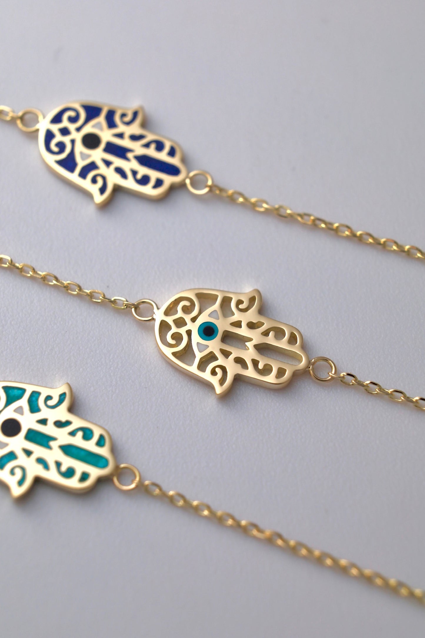 18k gold Hamsa and Evil Eye Gold bracelet, can be customized with or without enamel | Ella Creations Jewelry