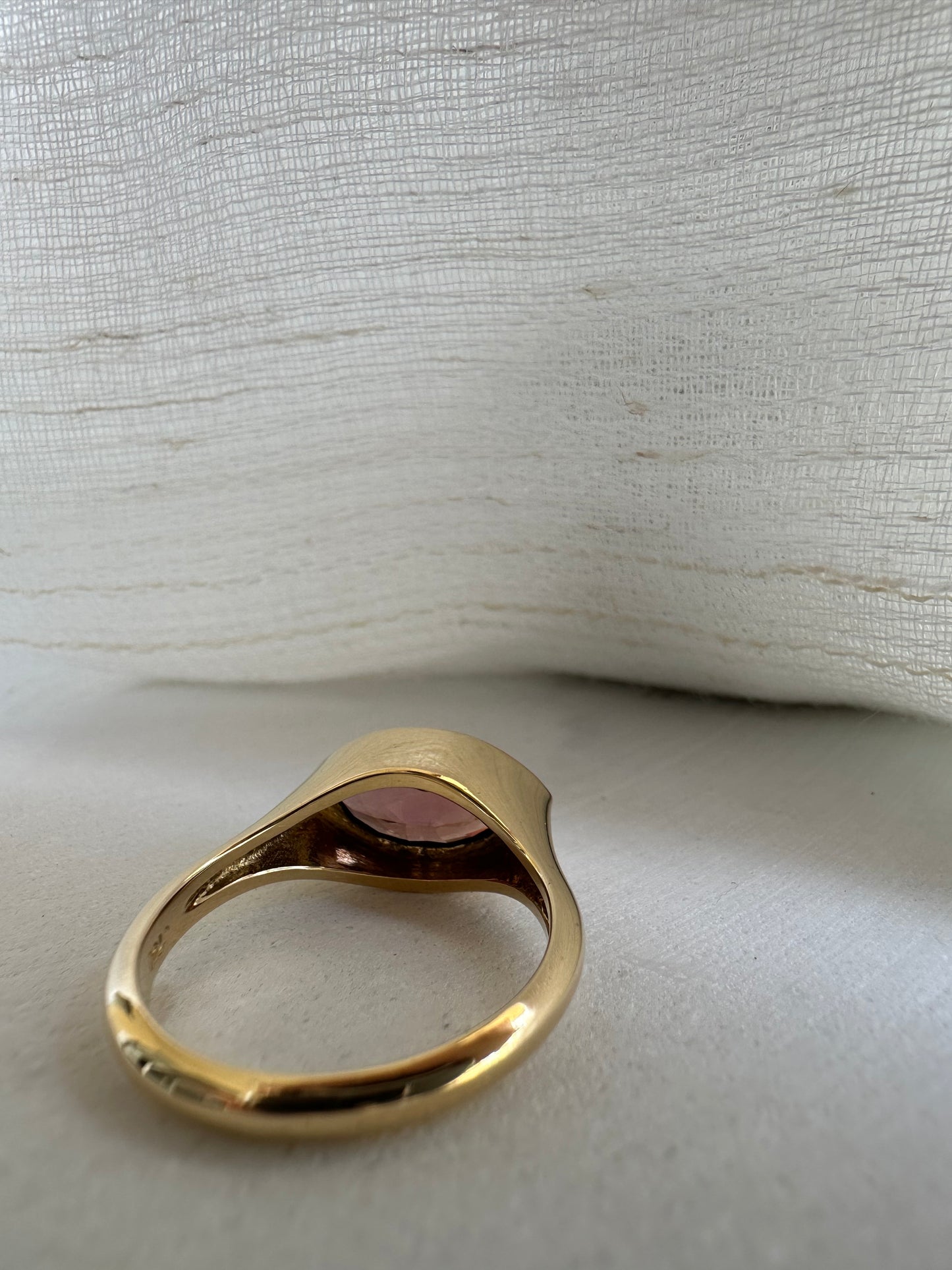 18K Gold Signet Ring boosting a 4ct natural Brownish Pink Zircon marquise cut stone | Ella Creations Jewelry