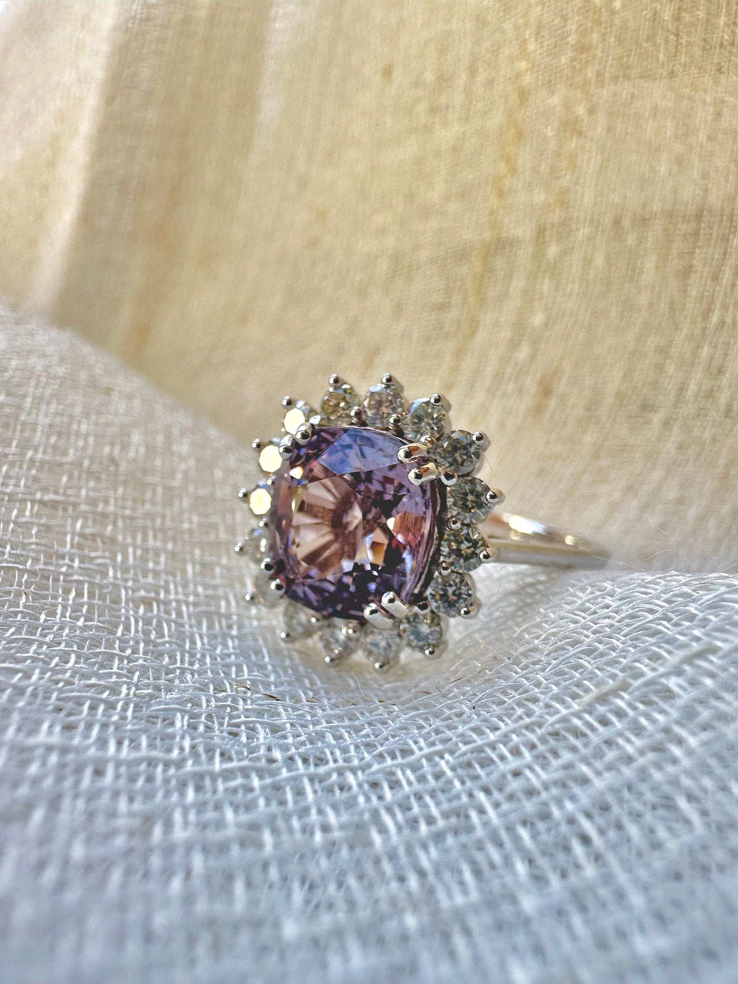 Vintage inspired Spinel Ring with diamonds halo setting handcrafted in 18 karat white gold. Spinel is August birthstone | Ella creations jewelry