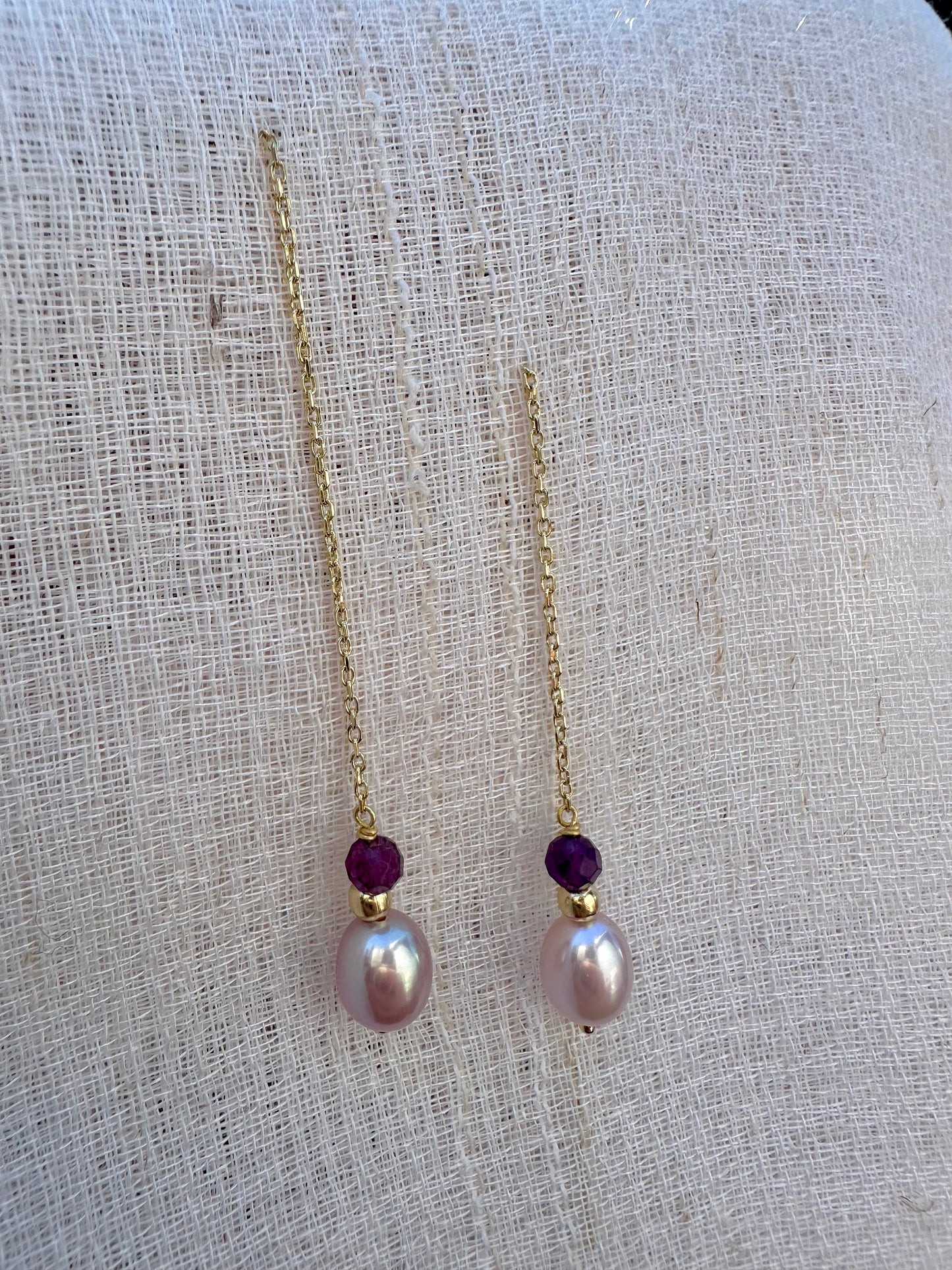 Threader Earrings handcrafted in 18 karat gold, featuring Pink pearls, a gold bead and a garnet bead, with a total length of 4.7" these earrings are perfect for a night or an elegant casual look | Ella Creations Jewelry