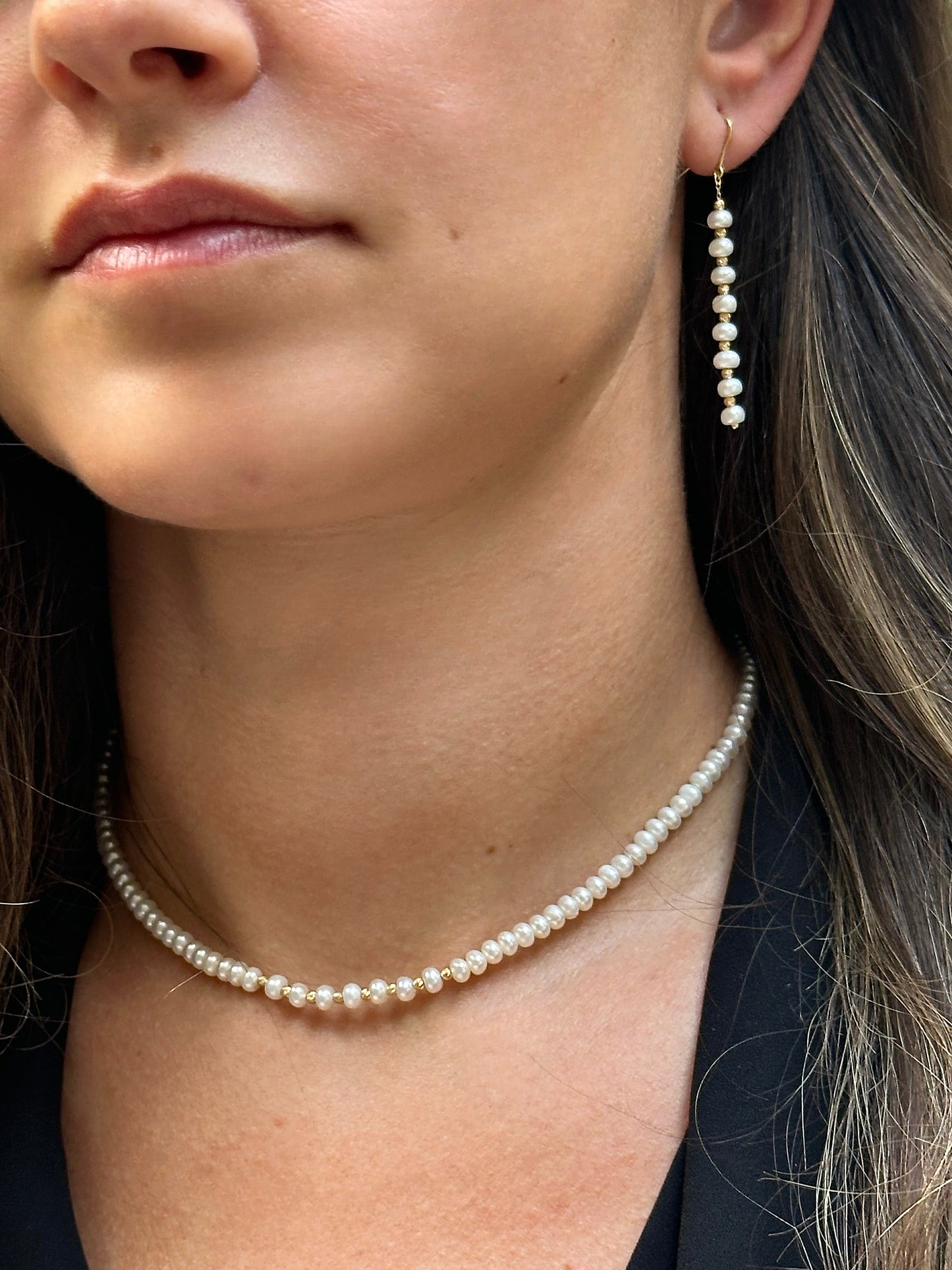 Long pearl earrings with gold beads and fresh water pearls handcrafted in 18 karat gold | Ella Creations Jewelry