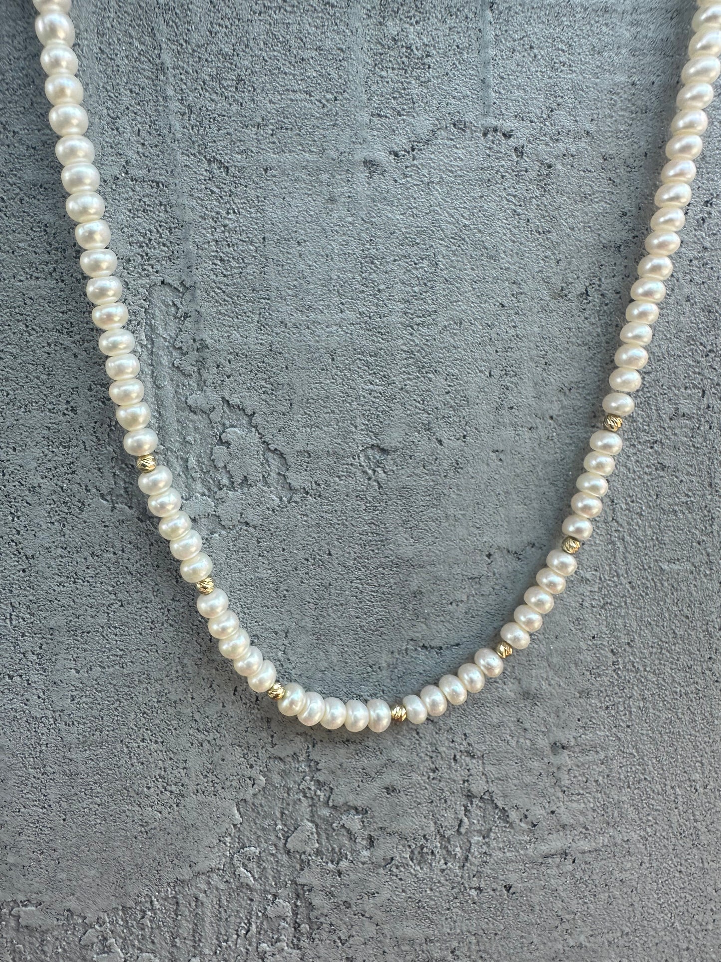 Dainty Pearl Necklace with 18 karat gold beads, findings and chain extender | Ella Creations Jewelry