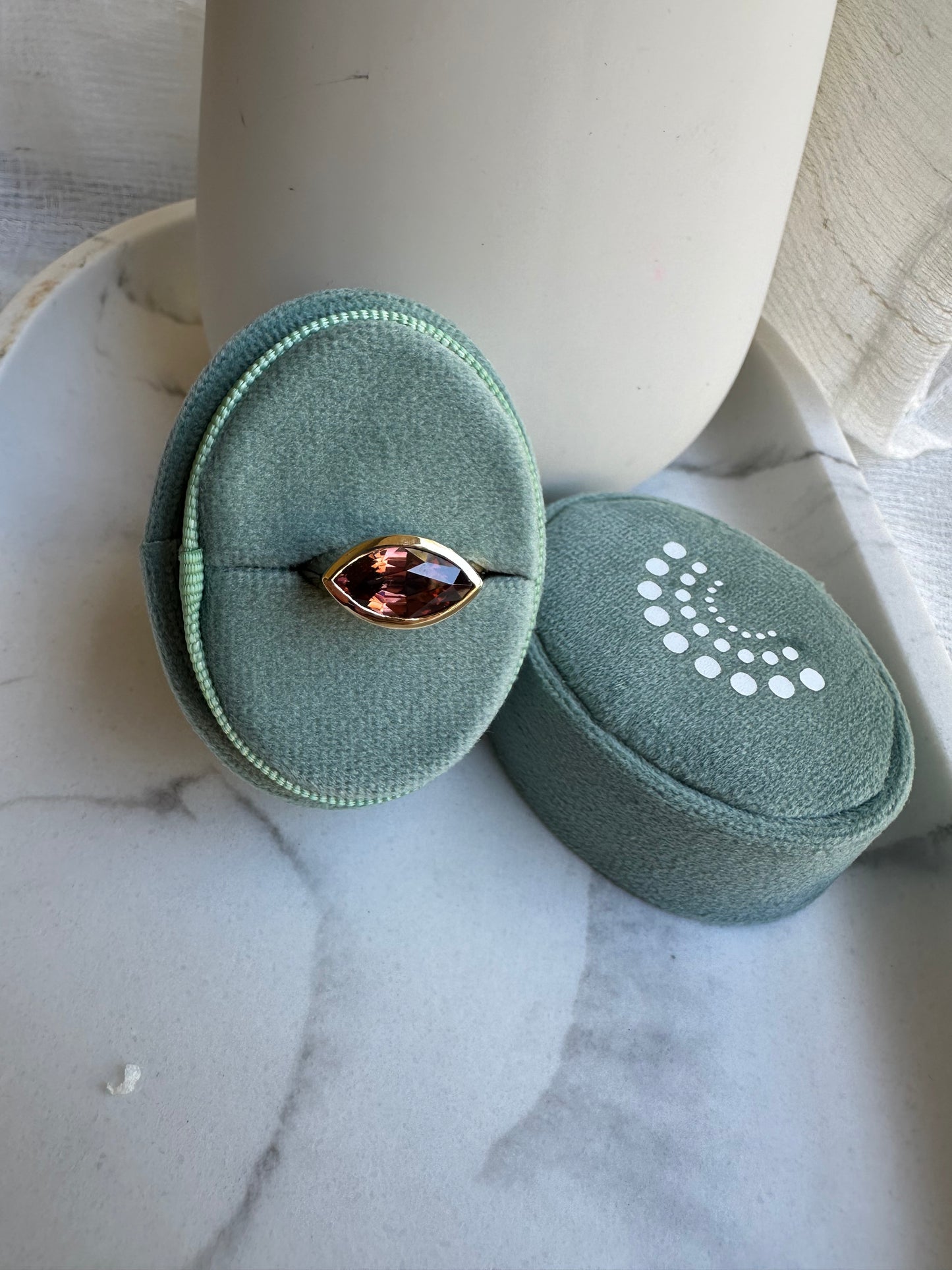 18K Gold Signet Ring boosting a 4ct natural Brownish Pink Zircon marquise cut stone | Ella Creations Jewelry