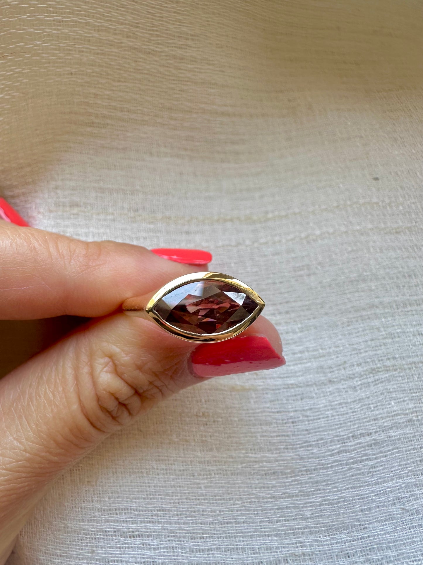 18K Gold Signet Ring boosting a 4ct natural Brownish Pink Zircon marquise cut stone | Ella Creations Jewelry