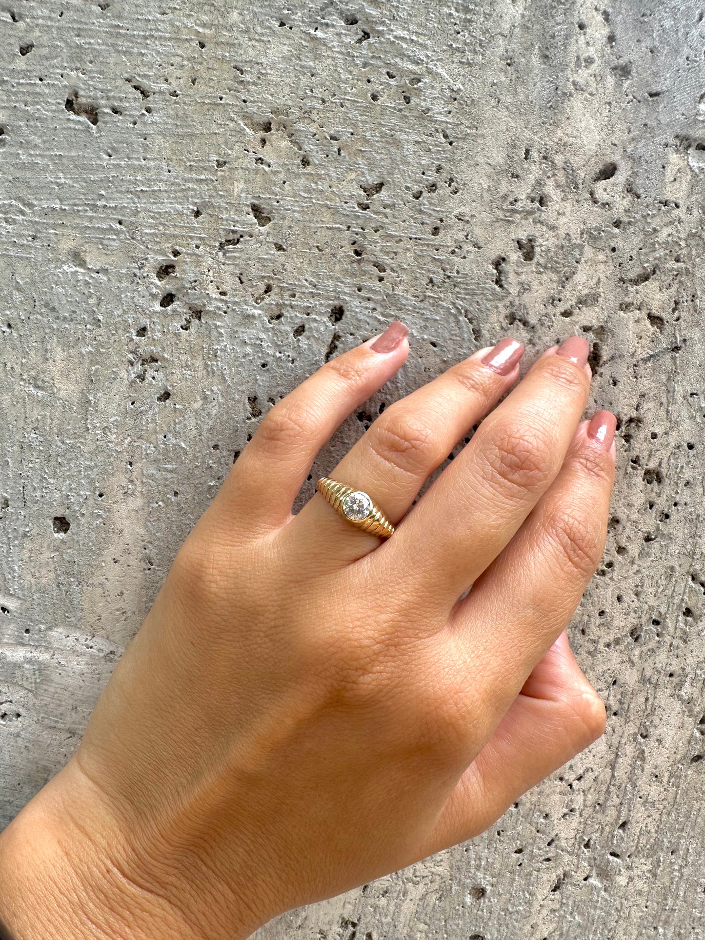 Lab Diamond Ring featuring a unique design that combines modern elements with a vintage-inspired aesthetic. It's a custom made ring showcasing a 5 mm bezel set Lab Diamond at its center | Ella Creations Jewelry