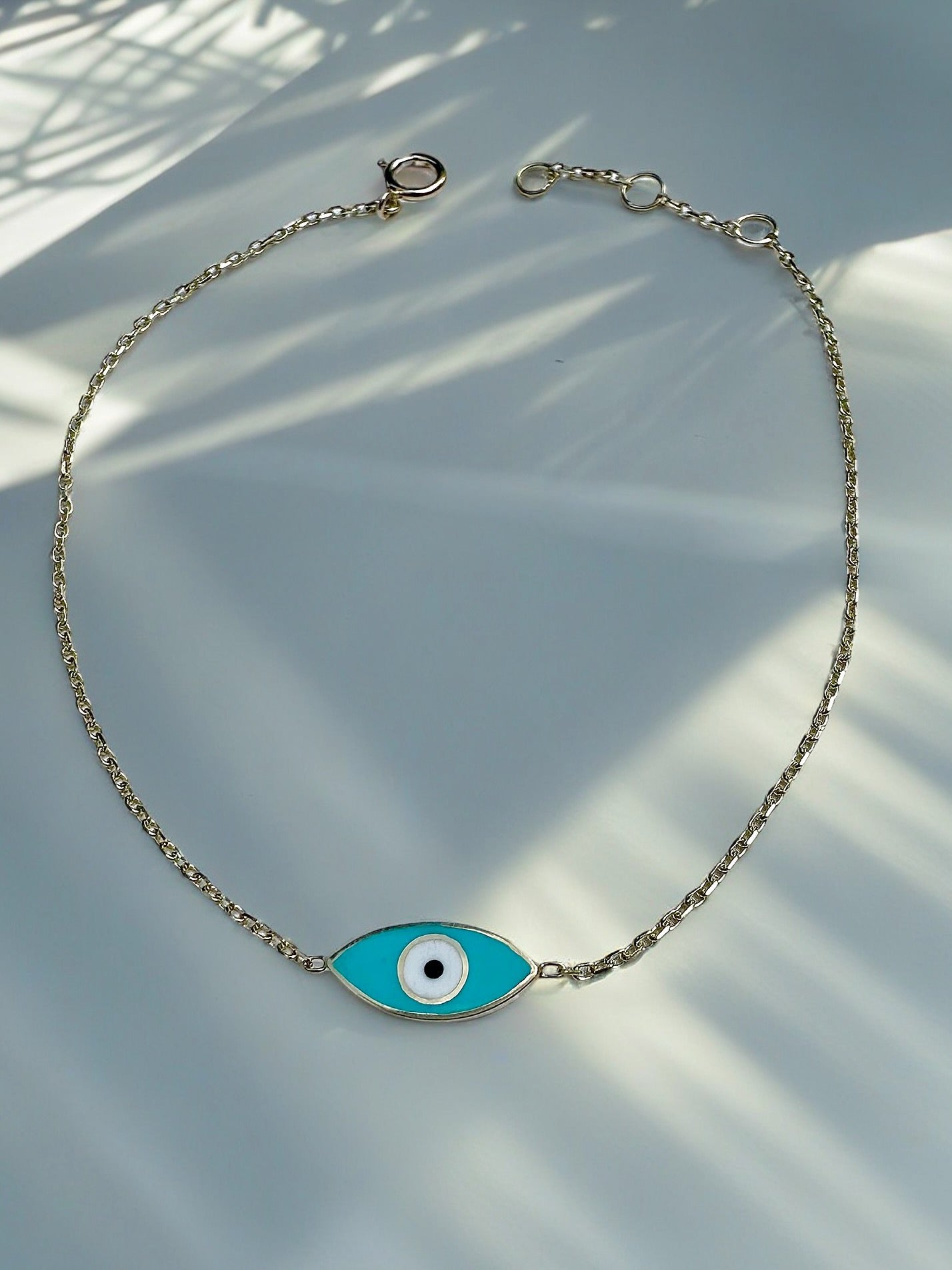 Evil Eye Bracelet featuring marquise shape Ojo Turco charm (12-13mm) enameled on both sides, select your favorite finish among the available enamel options | Ella Creations Jewelry