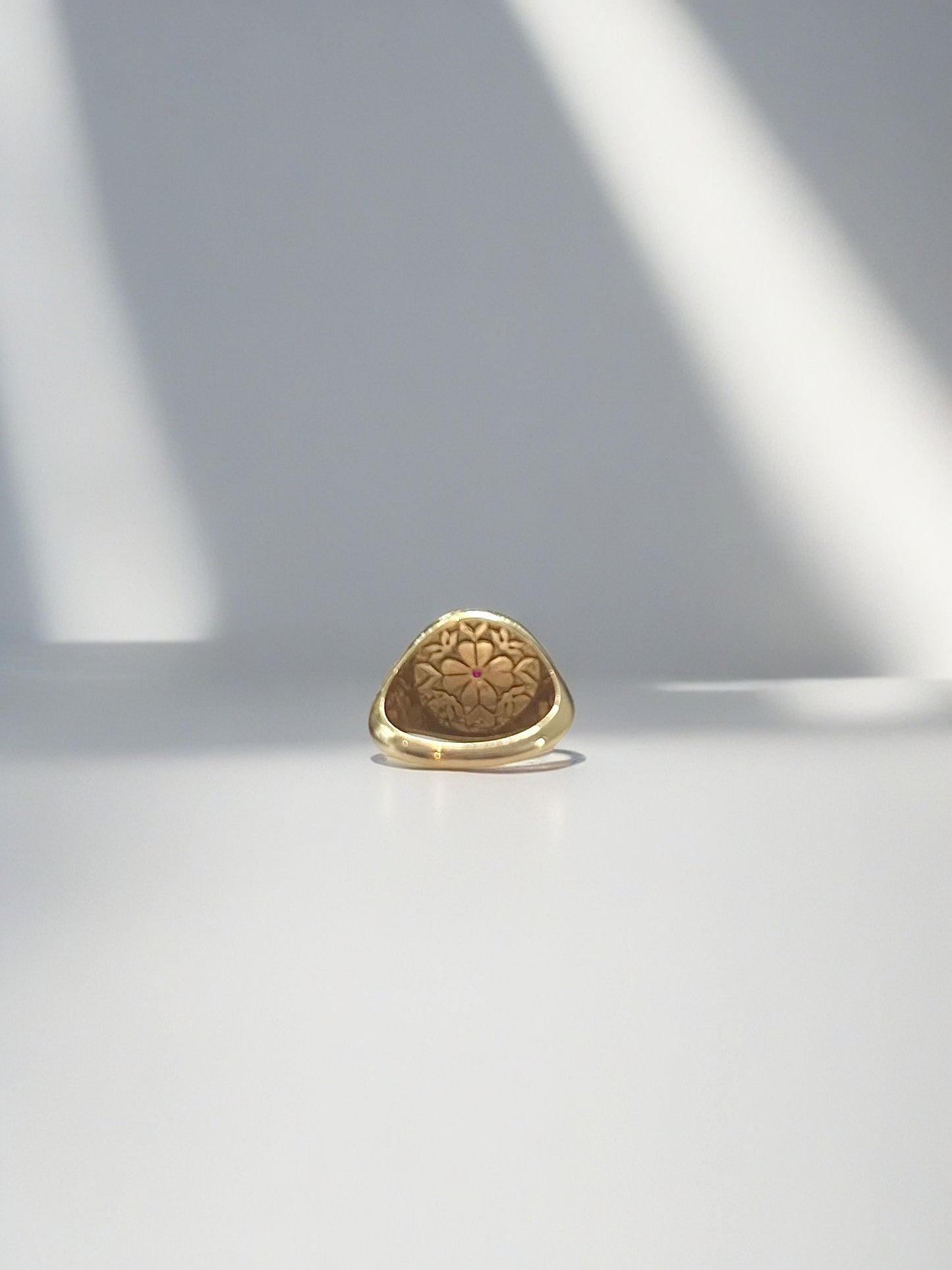 Gold Pinky Ring with floral tatreez engraving available in 14k or 18k solid gold and customizable centre stone chose among | Ella Creations Jewelry