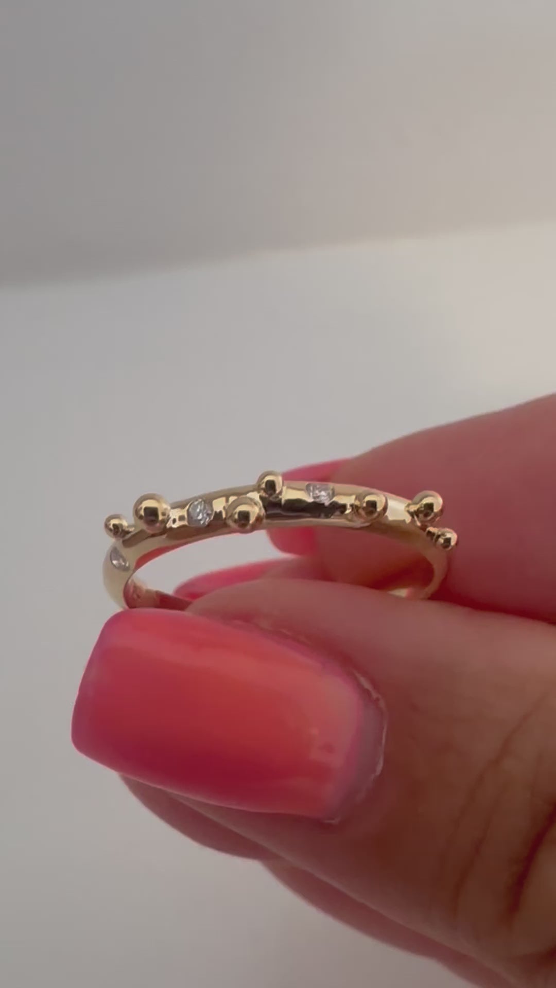 Elegant thin Diamond band, hand-crafted in 18k gold, this thin gold band features a smooth D shape band with gold granulations and 4 flushed diamonds of 1.4mm diameter each placed randomly between the granules. | Ella Creations Jewelry