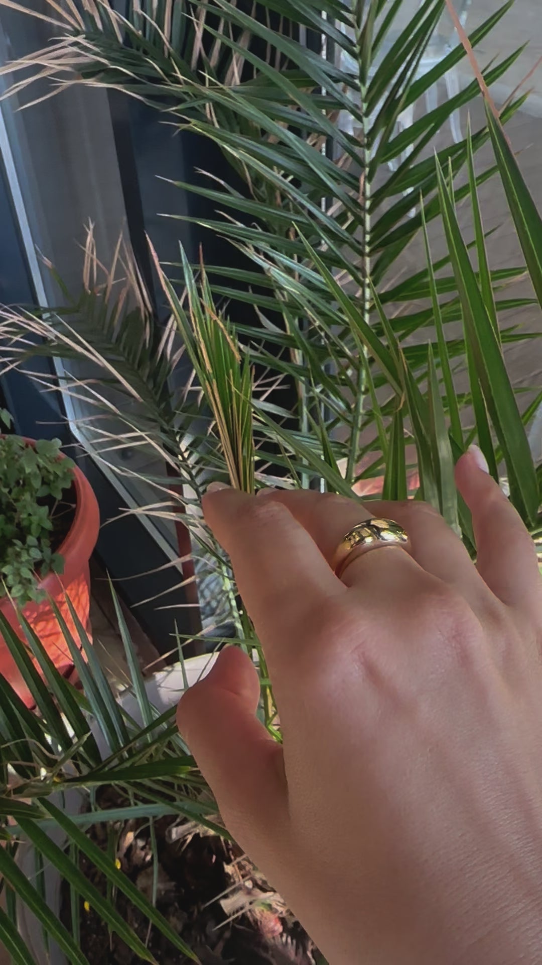 Gold Dome Ring handcrafted in 18k gold, the ban tampers from 7.5mm to 3mm | Ella Creations Jewelry