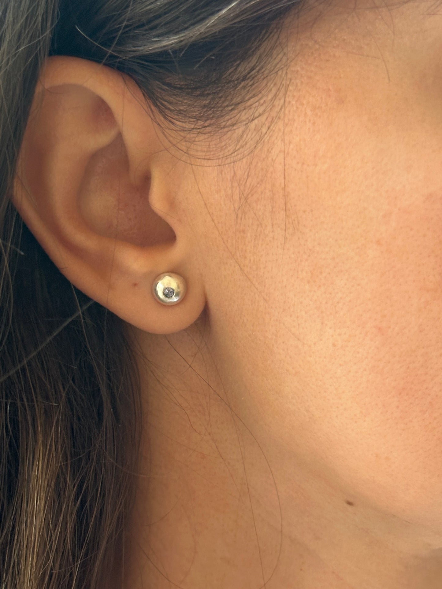 Button handcrafted recycled sterling silver with a flushed sapphire center stone | Ella Creations Jewelry