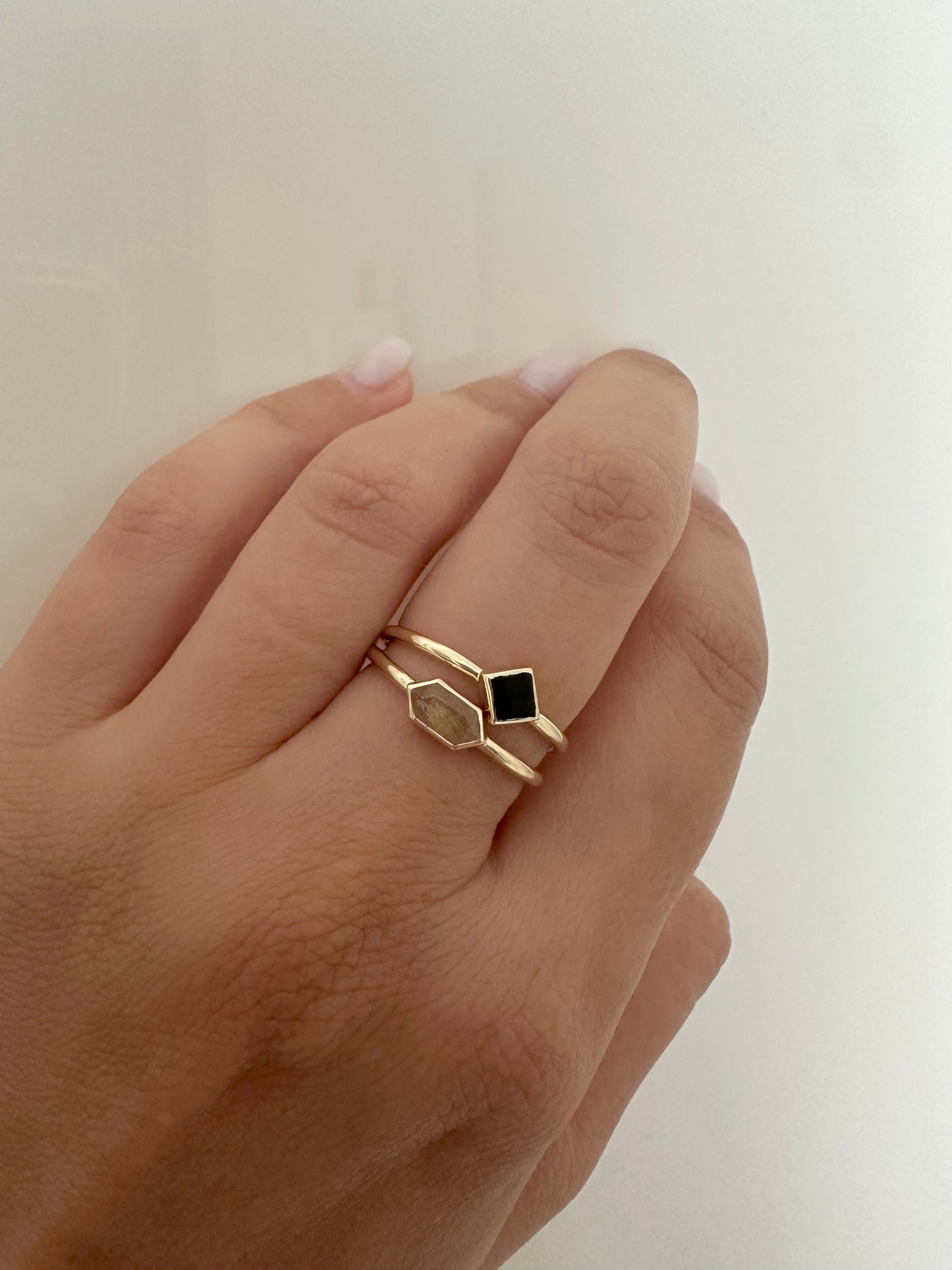 Elegant and dainty Rhombus rings, Handcrafted in 18k solid yellow gold, each features a thin band ring with a unique Rhombus bezel setting that showcases Black Onyx stone | Ella Creations Jewelry