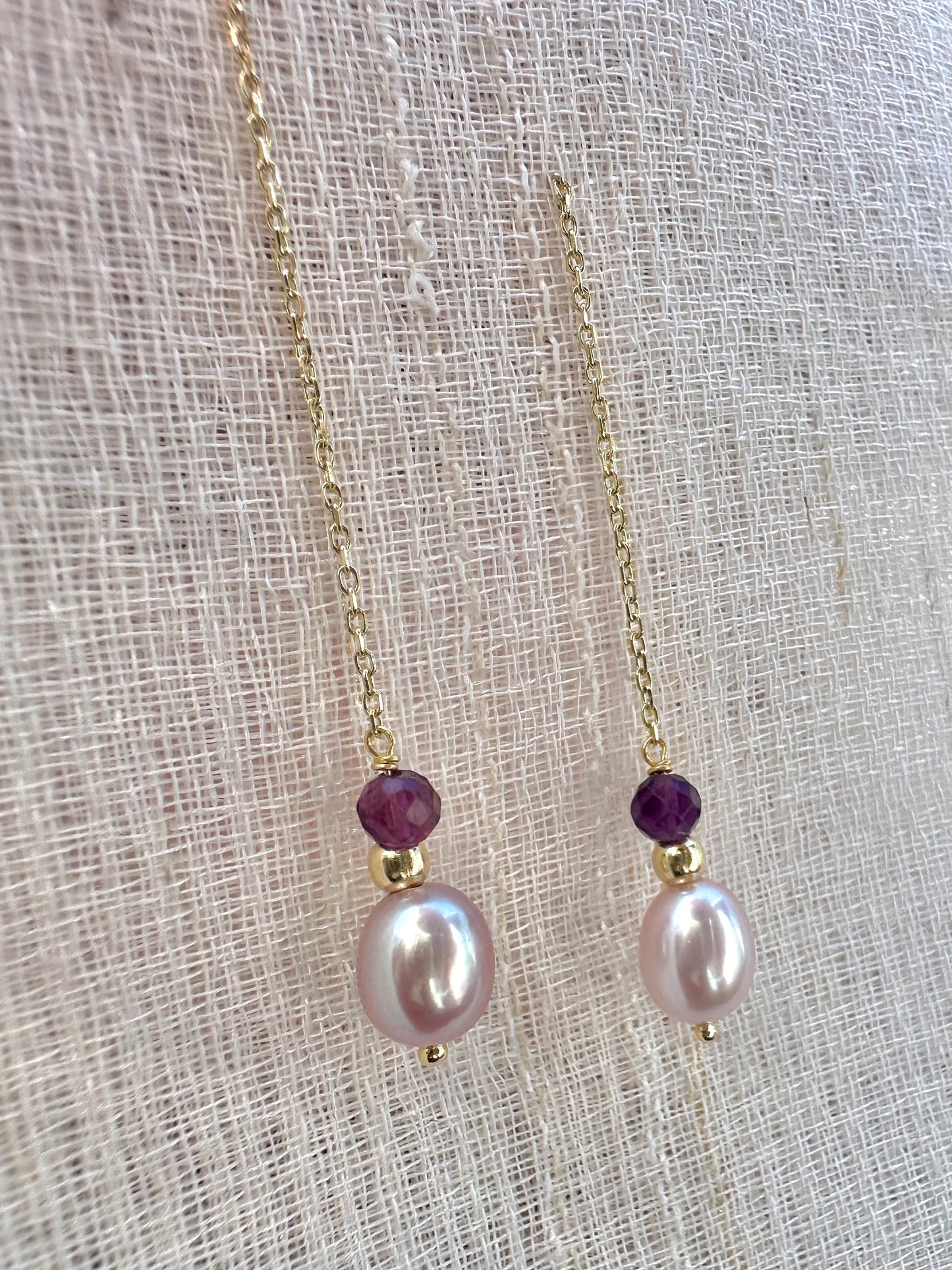 Threader Earrings handcrafted in 18 karat gold, featuring Pink pearls, a gold bead and a garnet bead, with a total length of 4.7" these earrings are perfect for a night or an elegant casual look | Ella Creations Jewelry