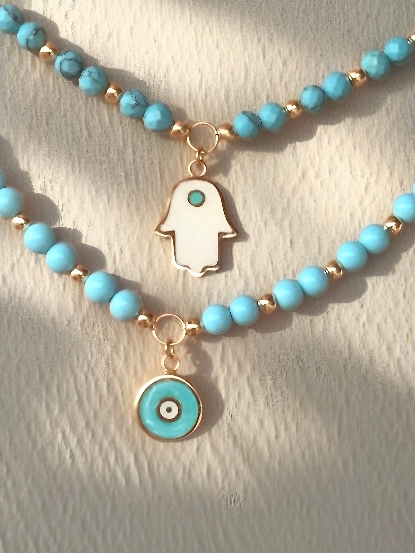 Turquoise beaded gold necklace with gold beads and evil eye charm | Ella Creations jewelry