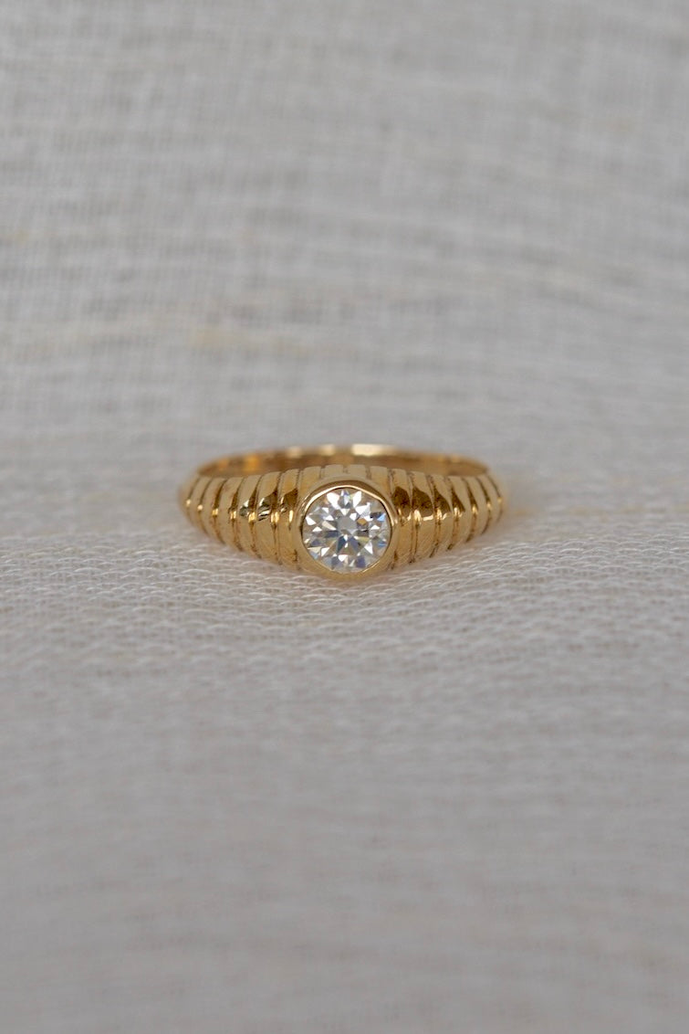 Lab Diamond Ring featuring a unique design that combines modern elements with a vintage-inspired aesthetic. It's a custom made ring showcasing a 5 mm bezel set Lab Diamond at its center | Ella Creations Jewelry