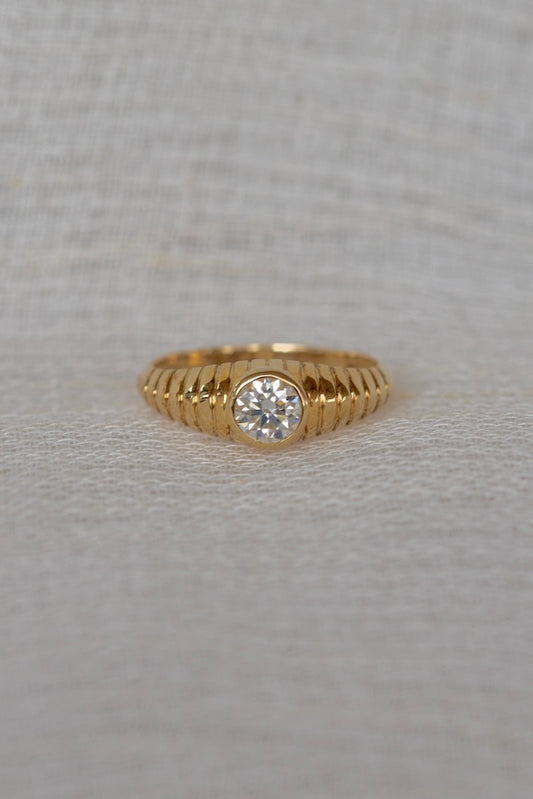Lab Diamond Ring featuring a unique design that combines modern elements with a vintage-inspired aesthetic. It's a custom made ring showcasing a 5 mm bezel set Lab Diamond at its center | Ella Creations Jewelry