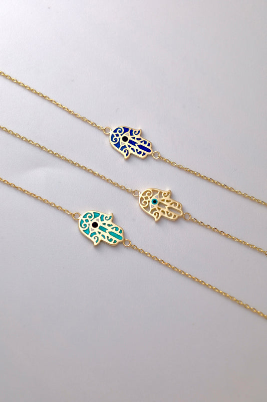 18k gold Hamsa and Evil Eye Gold bracelet, can be customized with or without enamel | Ella Creations Jewelry