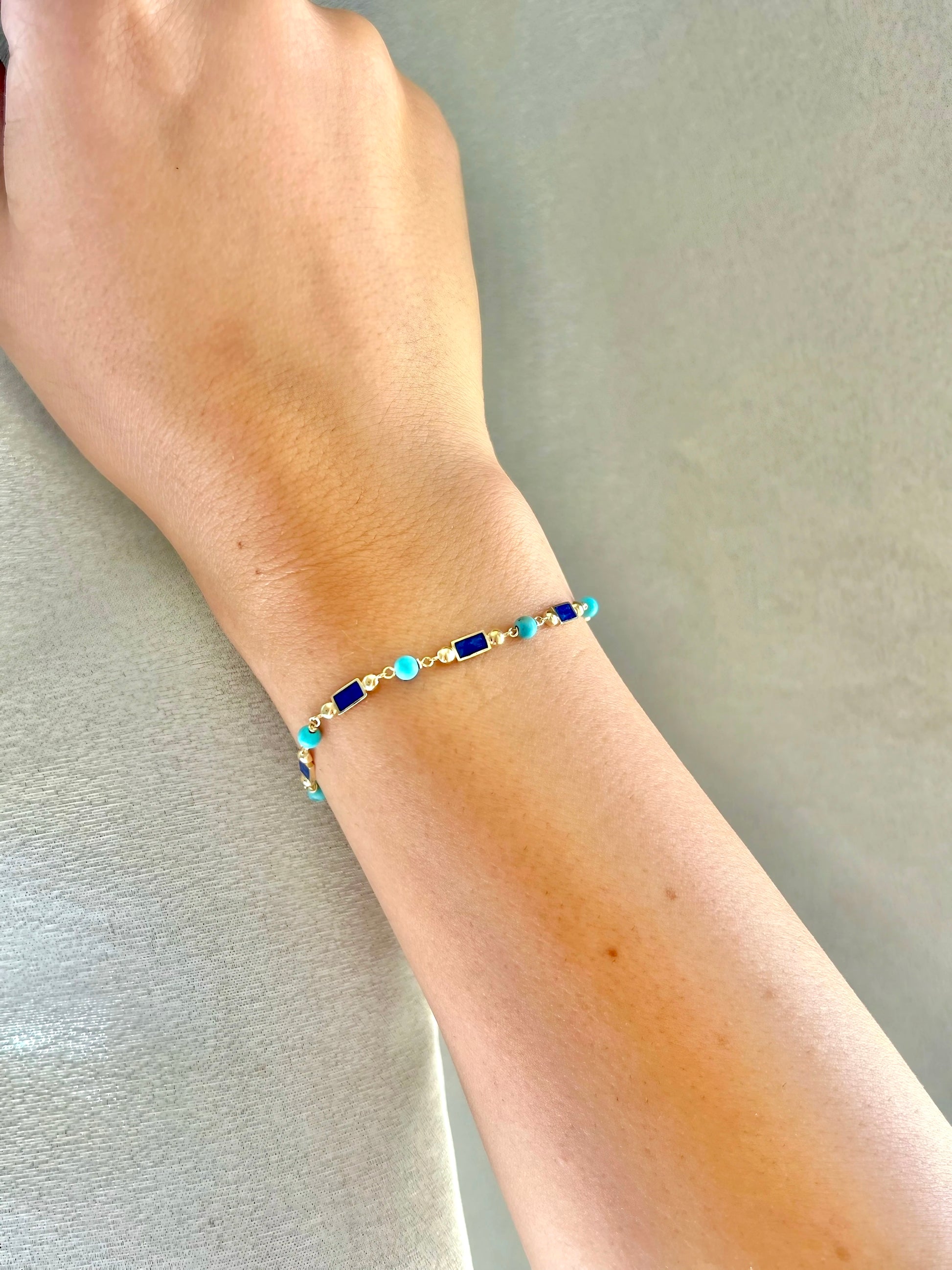 18K Turquoise and Gold bead Bracelet with enamel links | Ella Creations Jewery