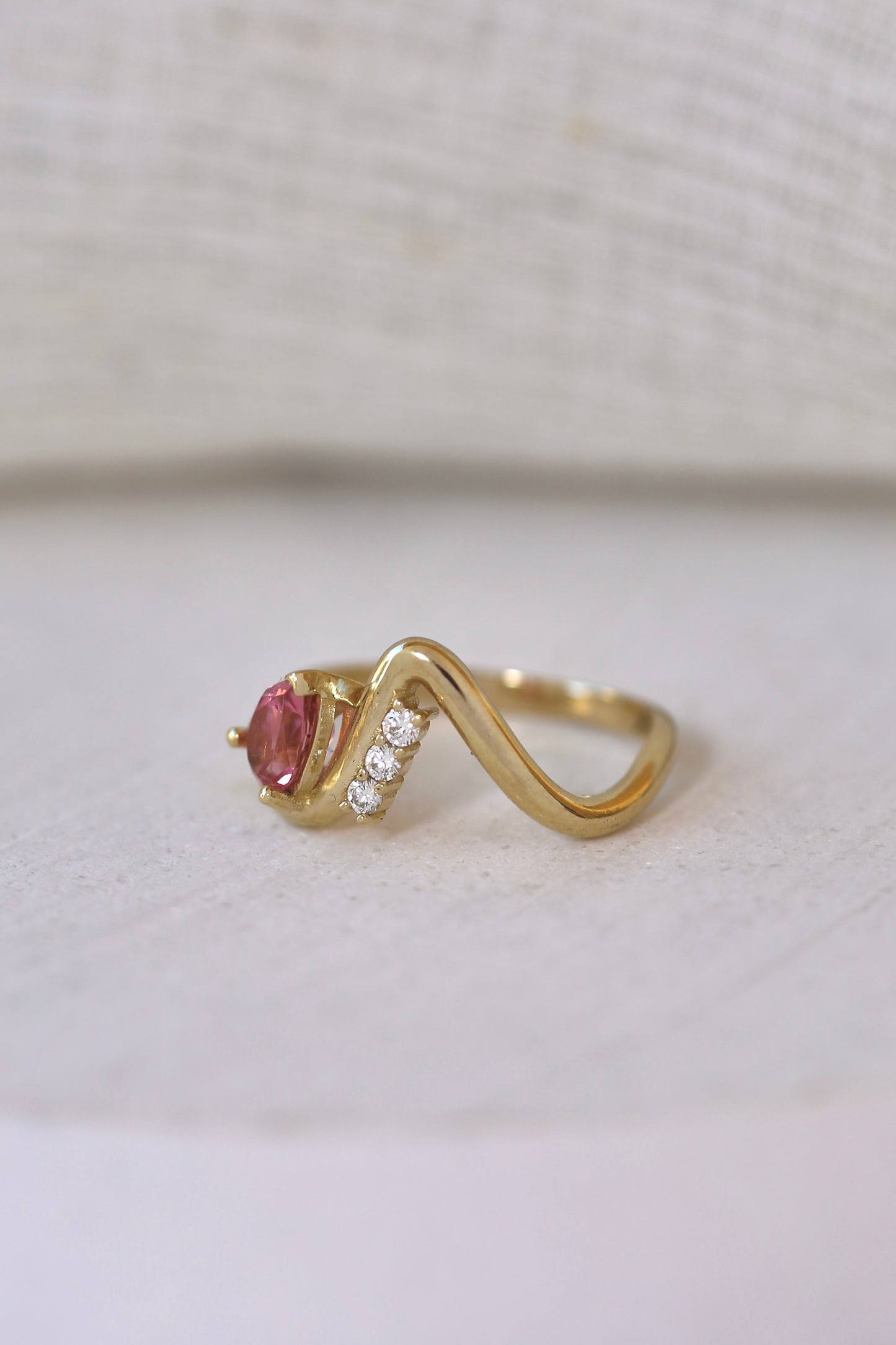 14K Wave Ring | Pink Tourmaline and Diamonds Ring