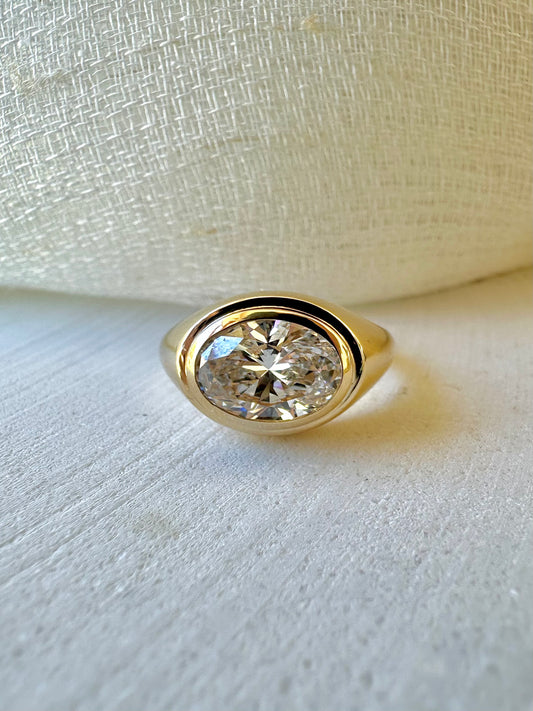 18K Oval Lab Diamond Ring, in a Signet Ring style featuring a bezel set 2ct Oval Lab Diamond | Ella Creations Jewelry