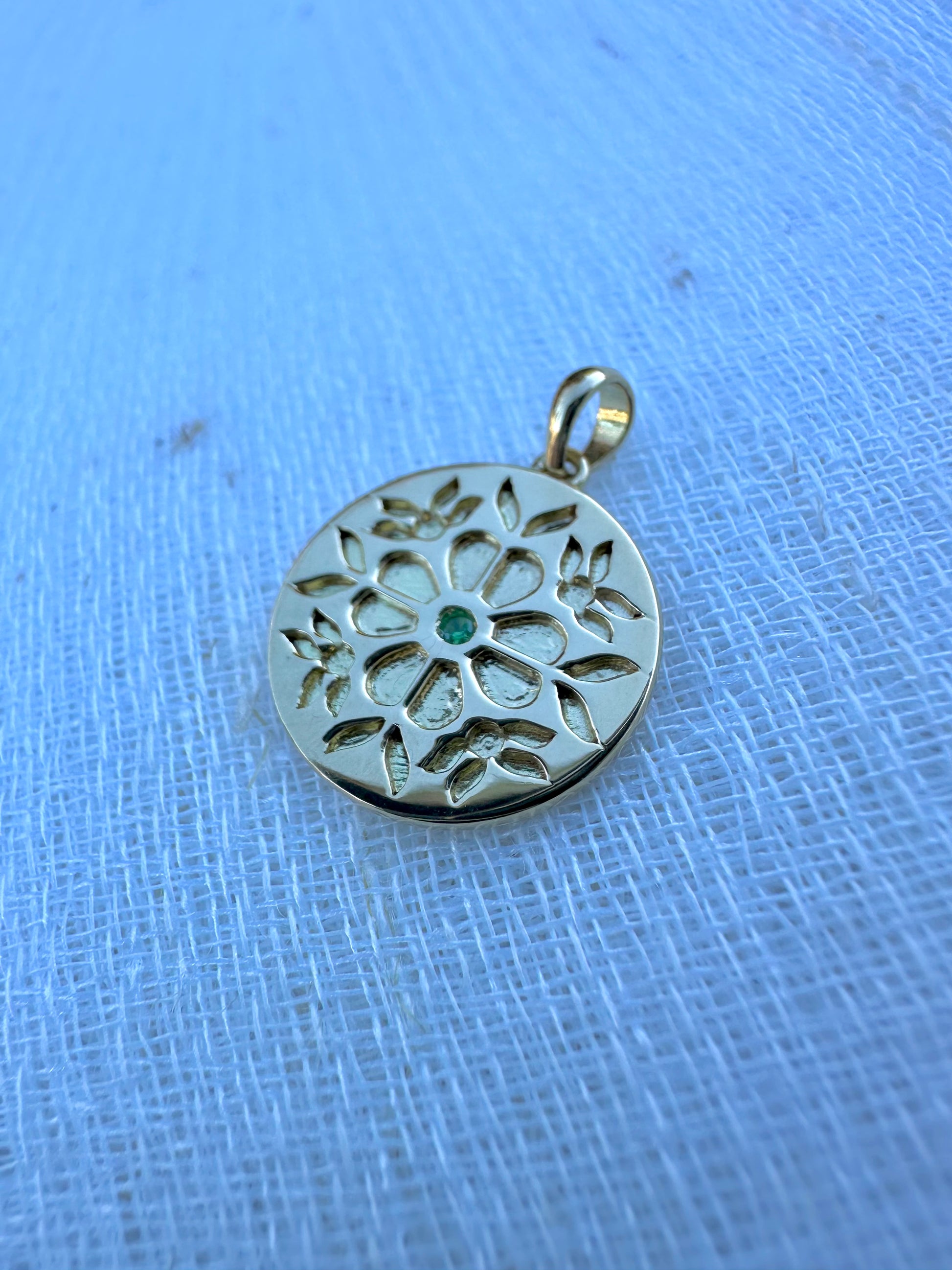 gold coin floral pendant hand crafted in 14k or 18k with a center stone of your choice. | Ella Creations Jewelry
