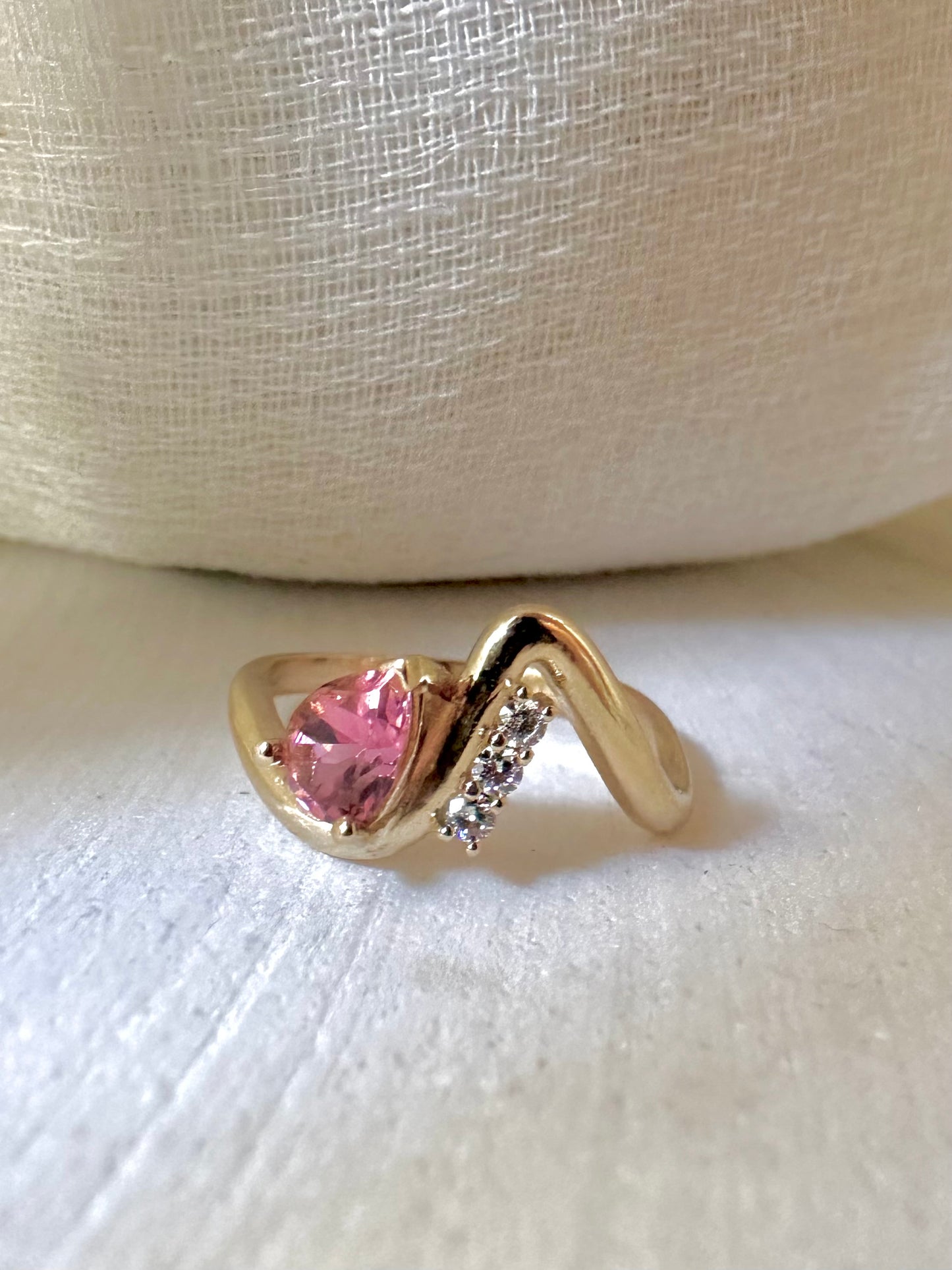 14K Wave Ring | Pink Tourmaline and Diamonds Ring