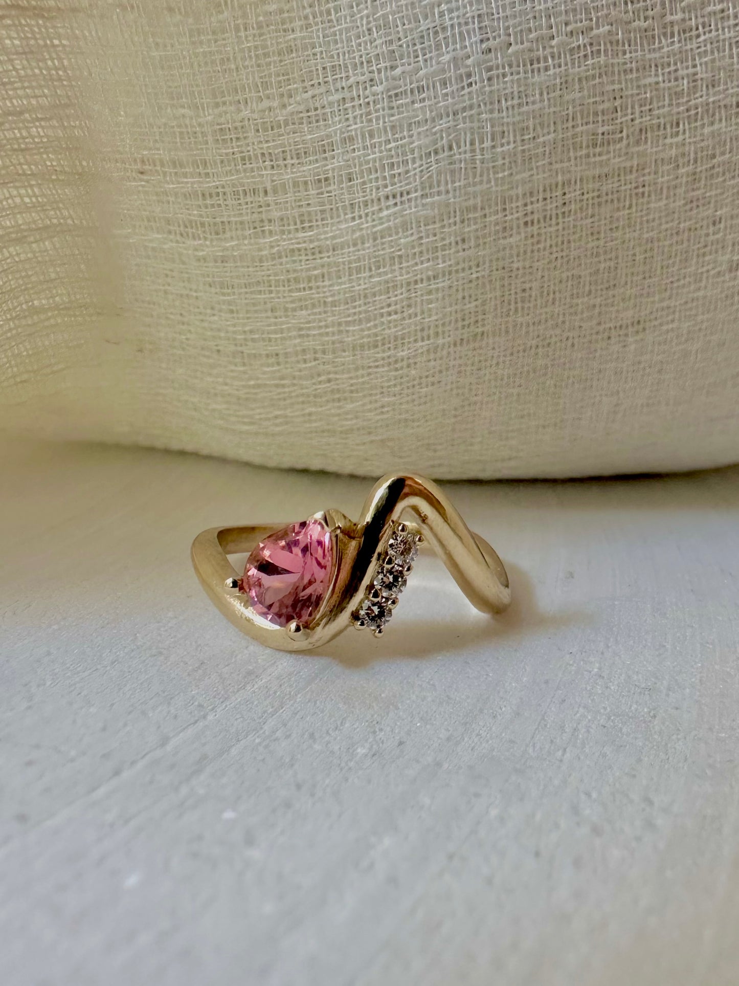 14K Wave Ring | Pink Tourmaline and Diamonds Ring