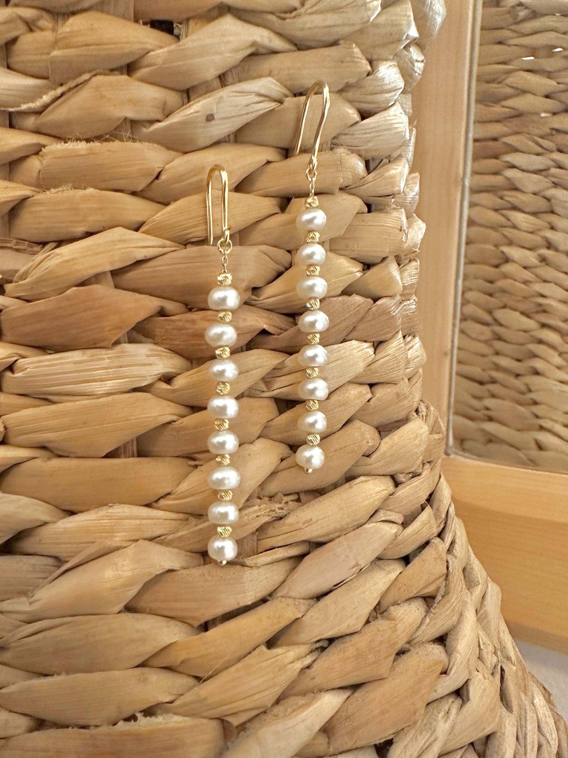Long pearl earrings with gold beads and fresh water pearls handcrafted in 18 karat gold | Ella Creations Jewelry