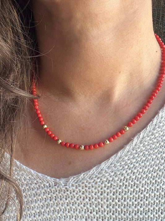 Coral Necklace | Coral Beaded Necklace with solid gold findings 4mm