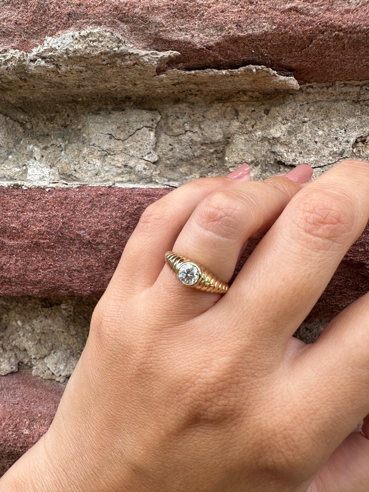 Lab Diamond Ring featuring a unique design that combines modern elements with a vintage-inspired aesthetic. It's a custom made ring showcasing a 5 mm bezel set Lab Diamond at its center | Ella Creations Jewelry