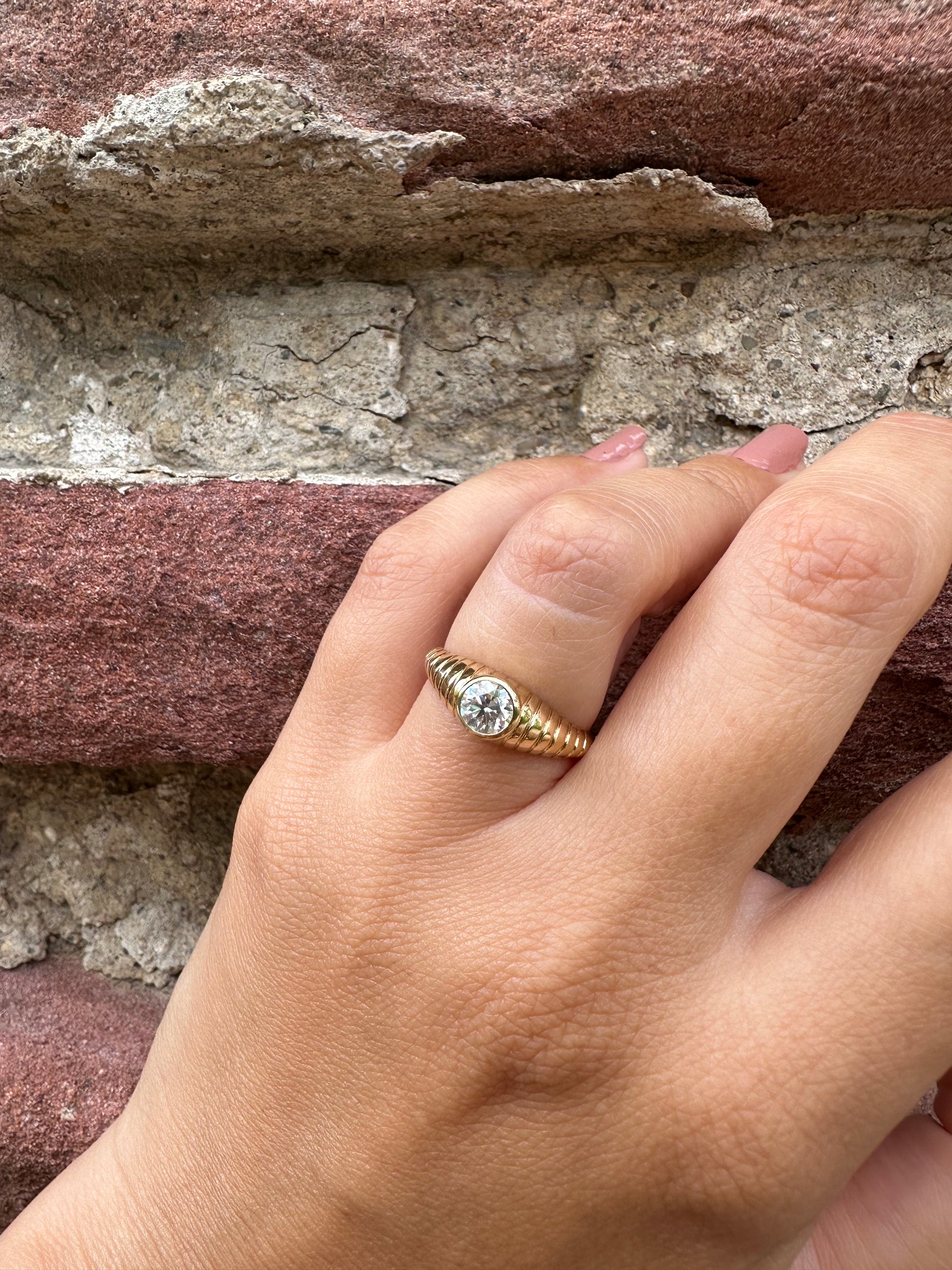 Lab Diamond Ring featuring a unique design that combines modern elements with a vintage-inspired aesthetic. It's a custom made ring showcasing a 5 mm bezel set Lab Diamond at its center | Ella Creations Jewelry