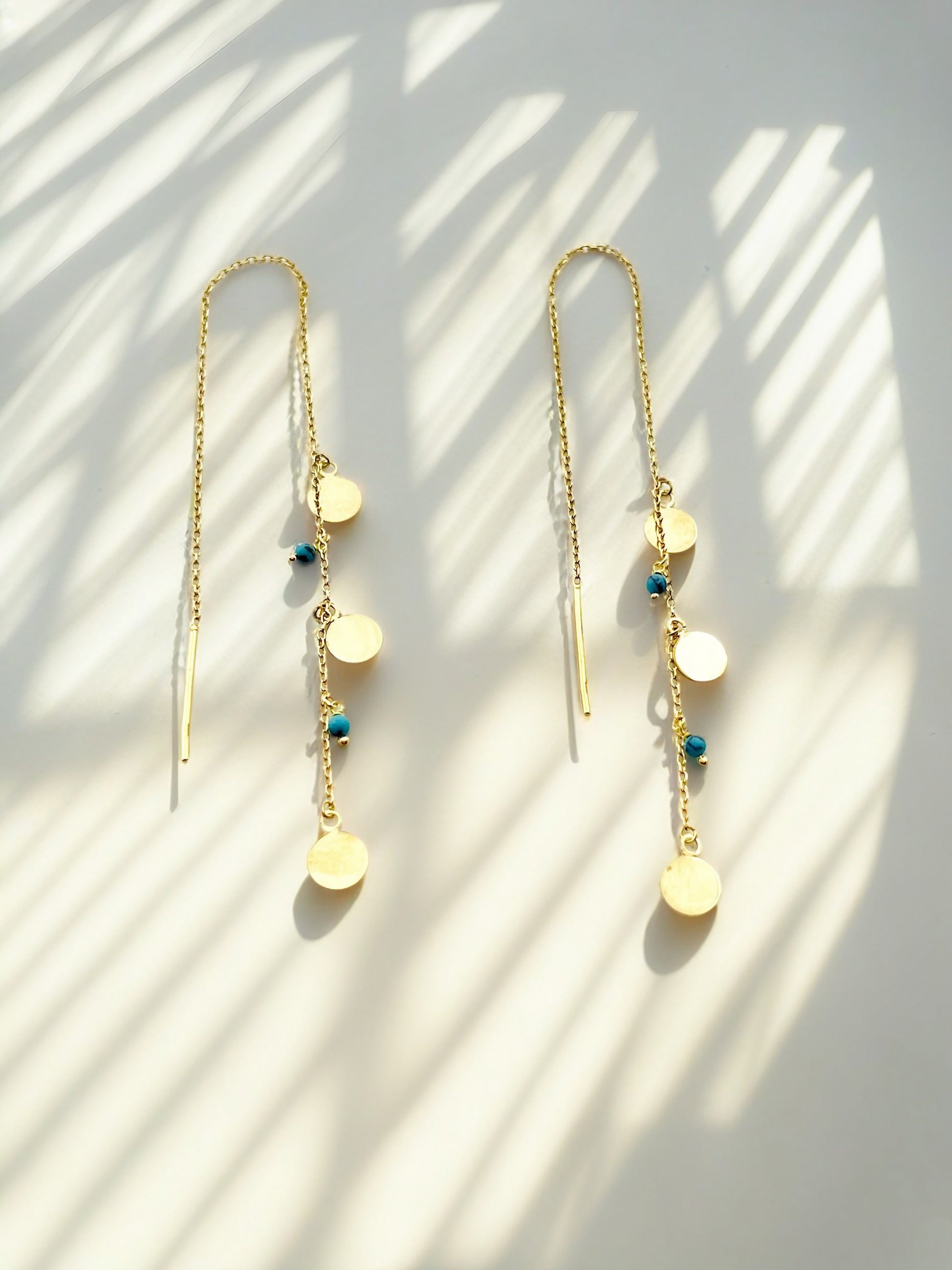 threader earrings with turquoise beads and round gold discs or tear drop | Ella Creations Jewelry